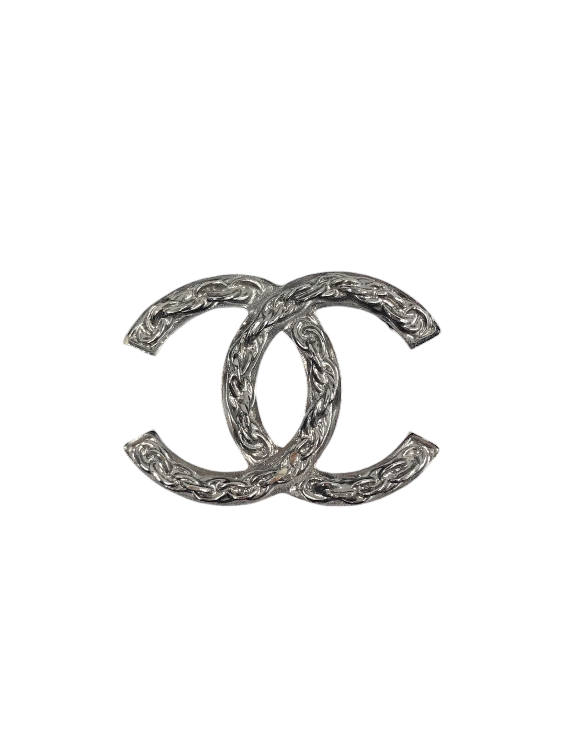 CC Rhodium Brooch with Chain Detail