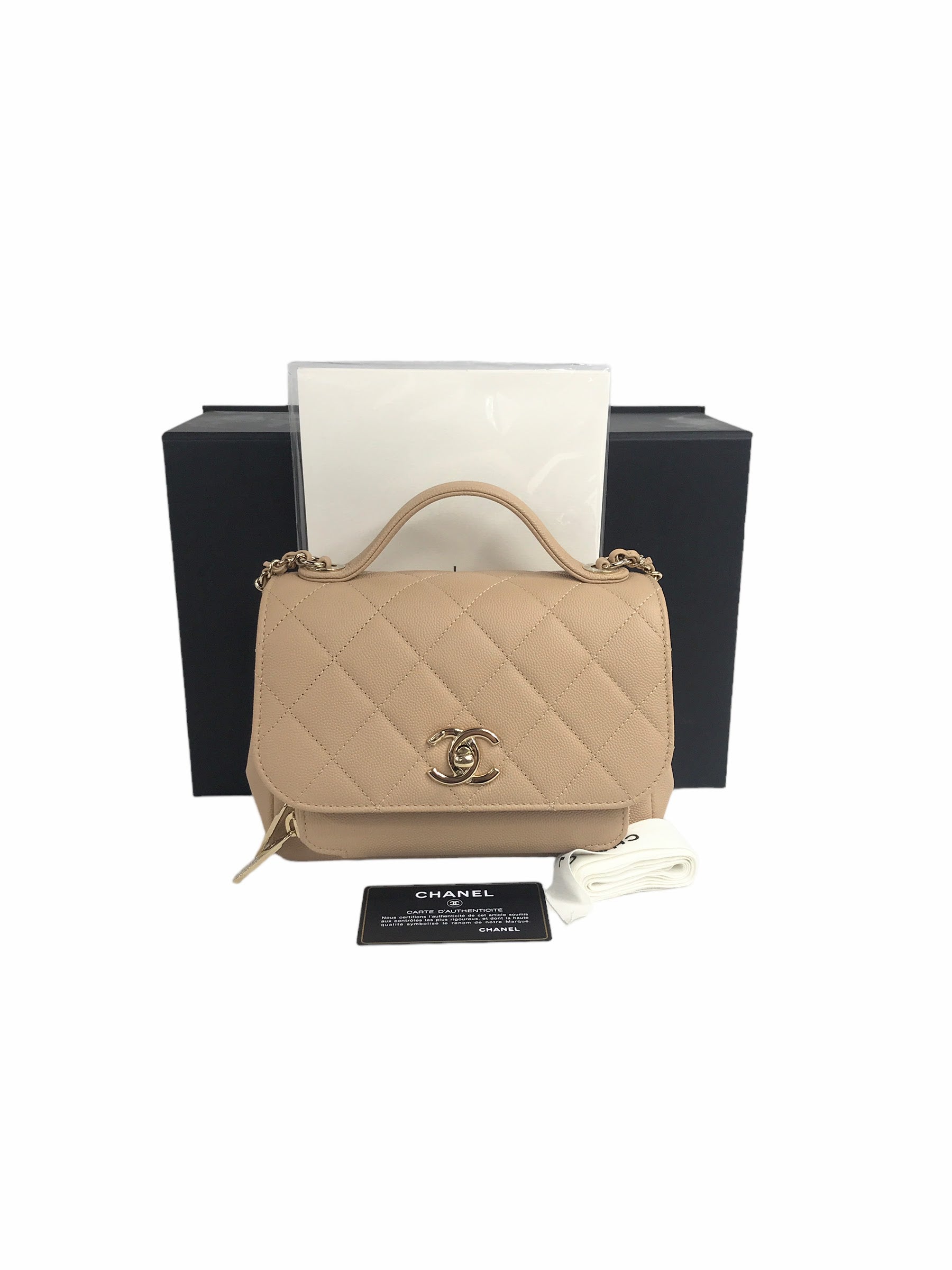 Beige Caviar Quilted Calfskin Small Business Affinity Flap Bag W/GHW
