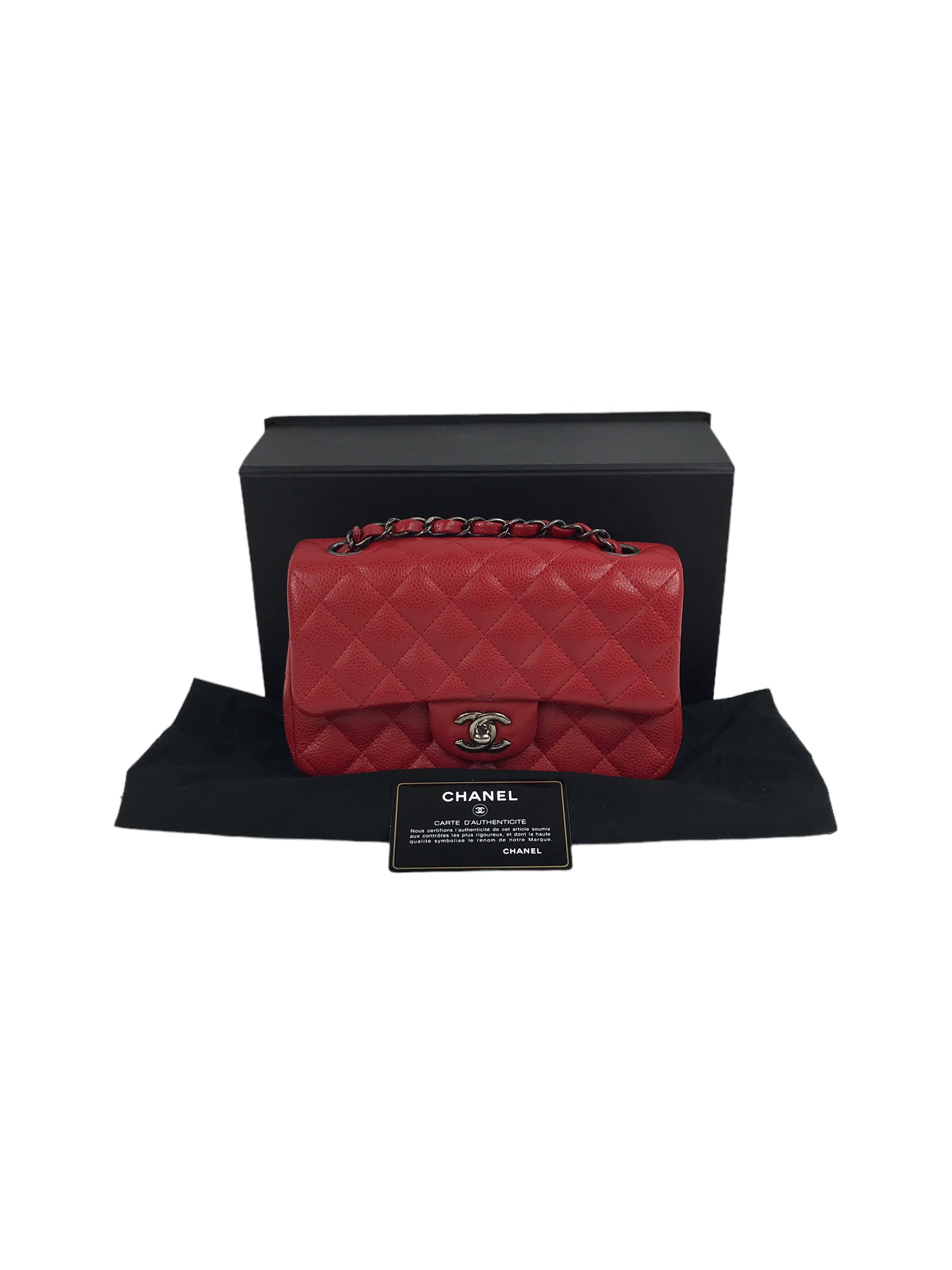 Red Quilted Caviar Mini Rectangle Flap w/RHW