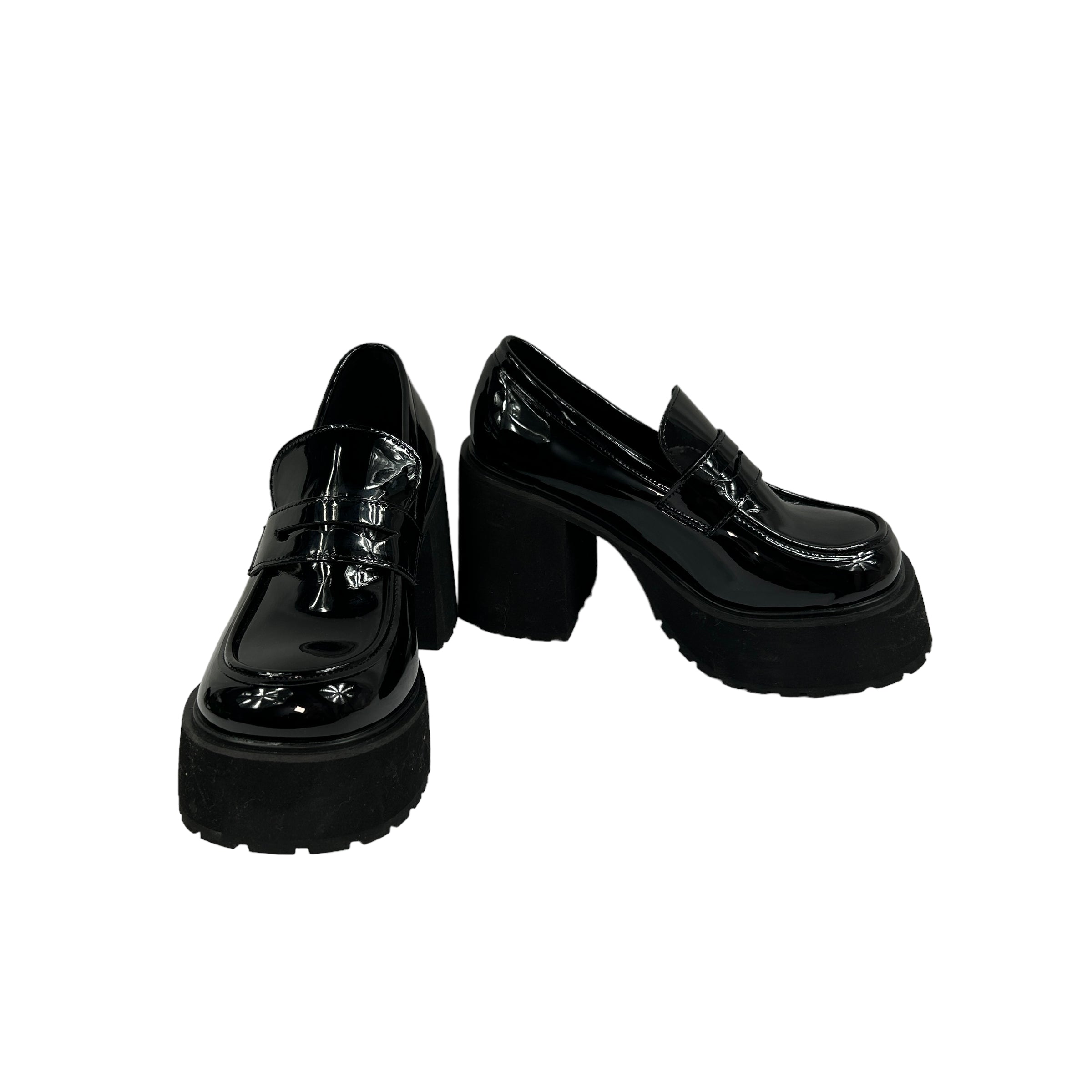 Black Faux Patent Platform Heeled Loafers