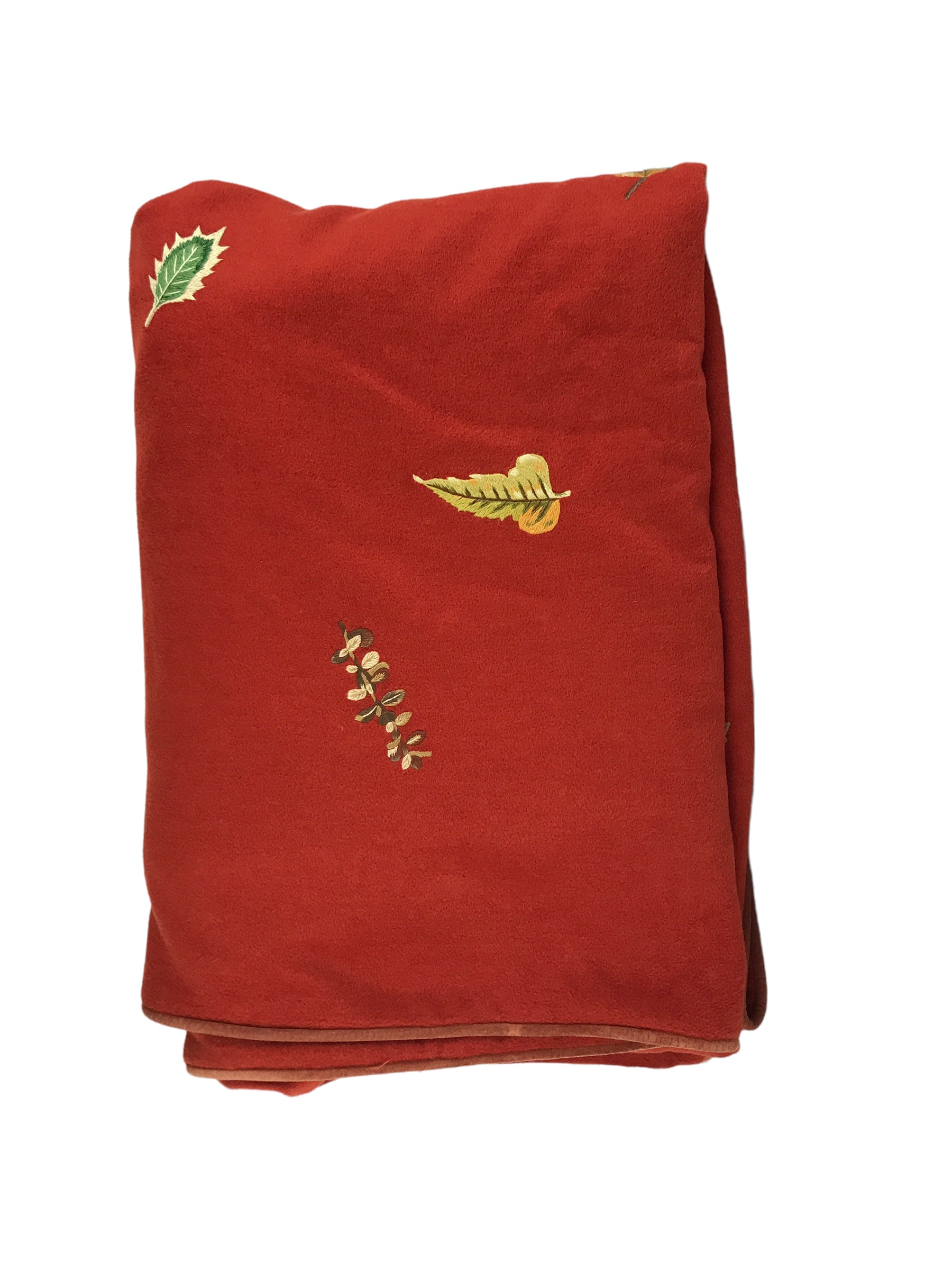 Vintage 80's-90's Exceptional Leaves Walk-In The Park Embroidered Plaid Wool/Cashmere Throw w/Suede Goatskin