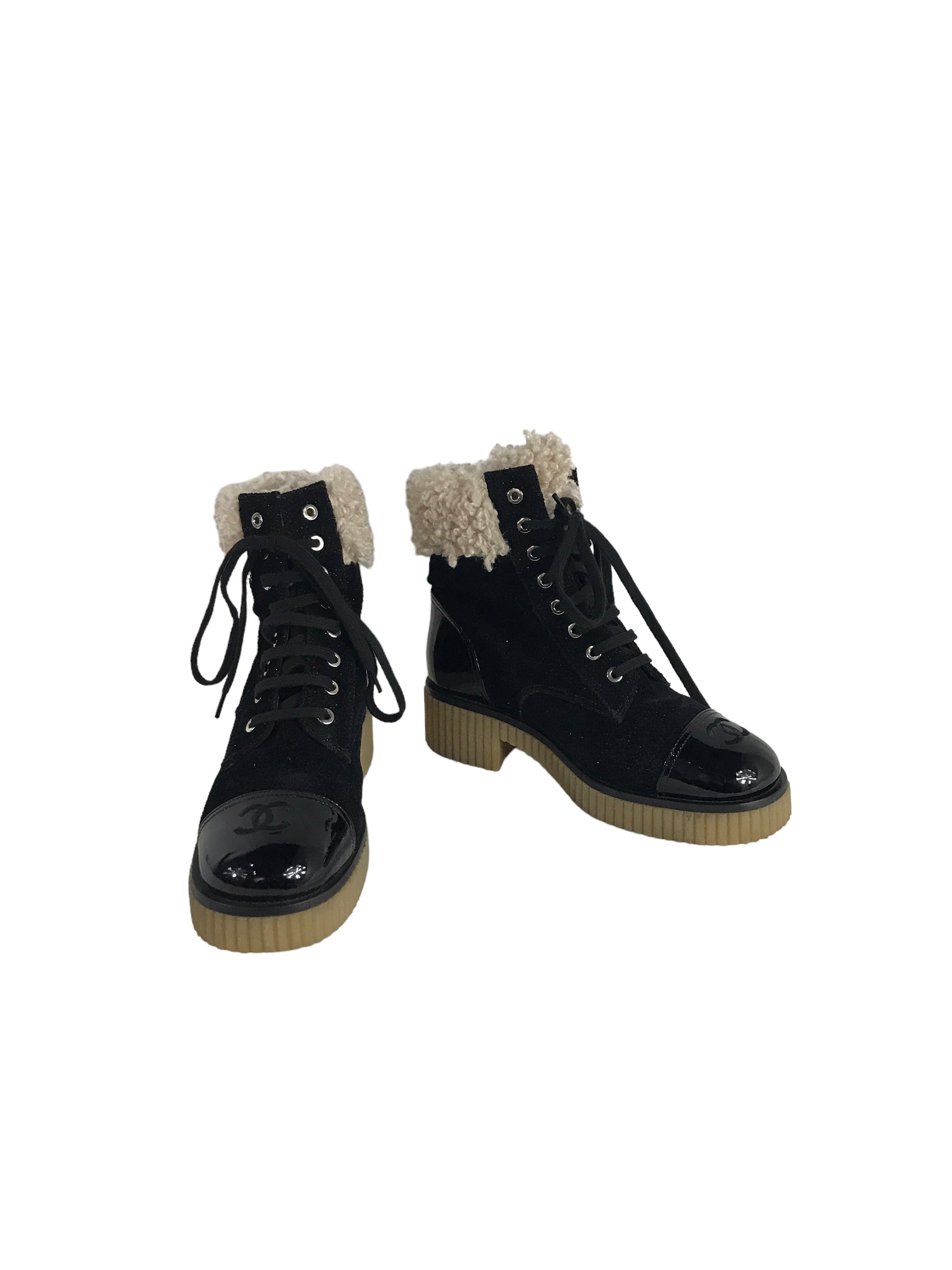 Black Glitter Tweed/Patent leather Cap Toe Shearling CC Combat