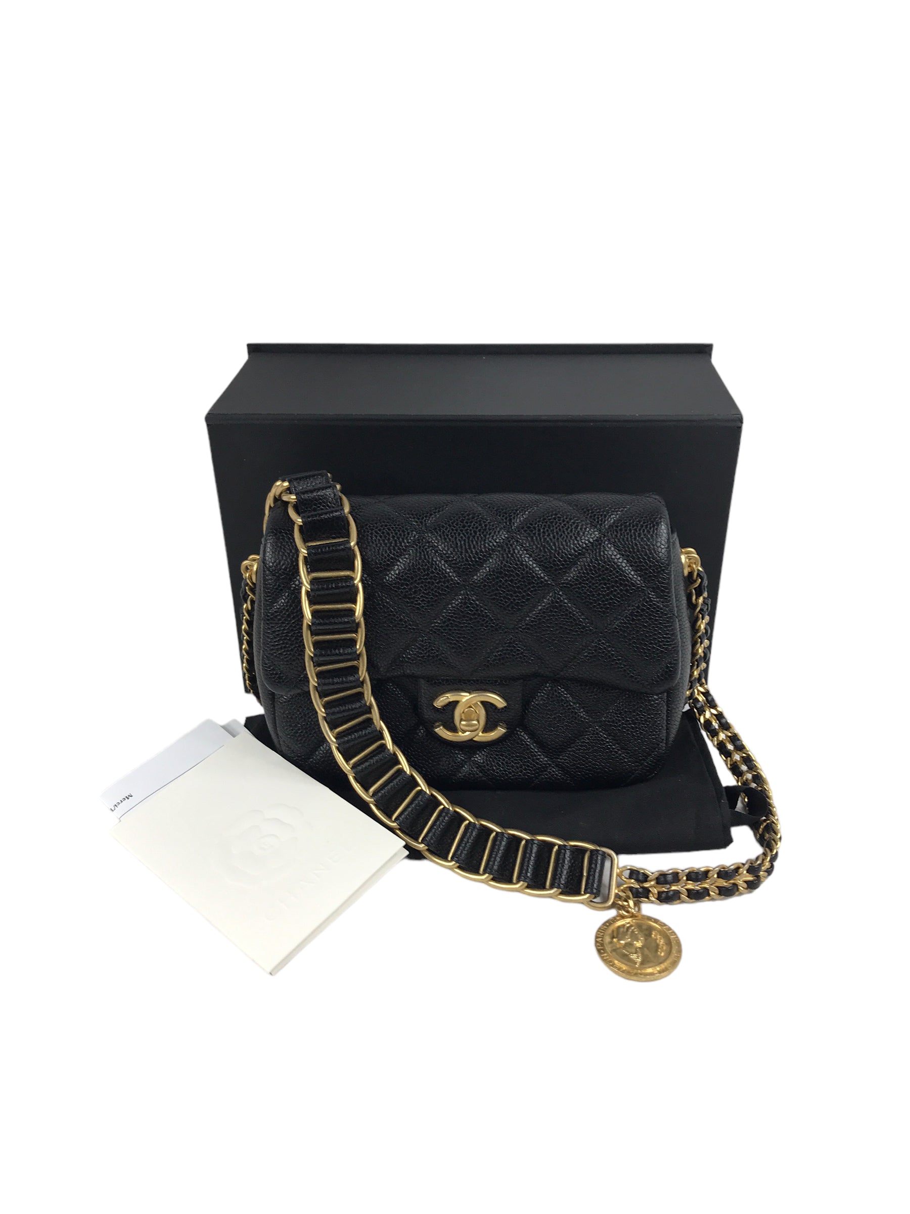 Black Caviar Quilted Mini Medallion Single Flap w/AGHW