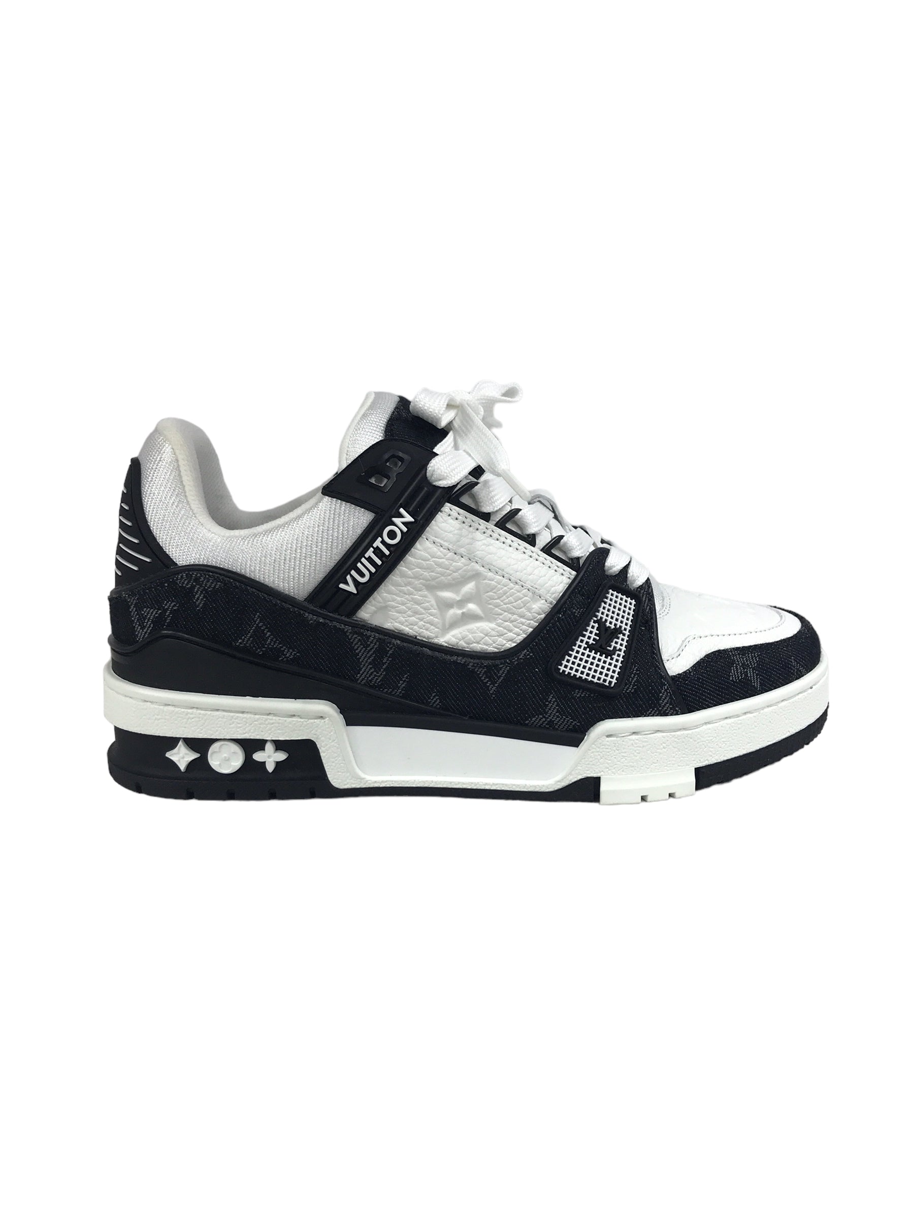 White Monogram Embossed Grained Calf leather &/Black Monogram Denim Trainer Sneakers,