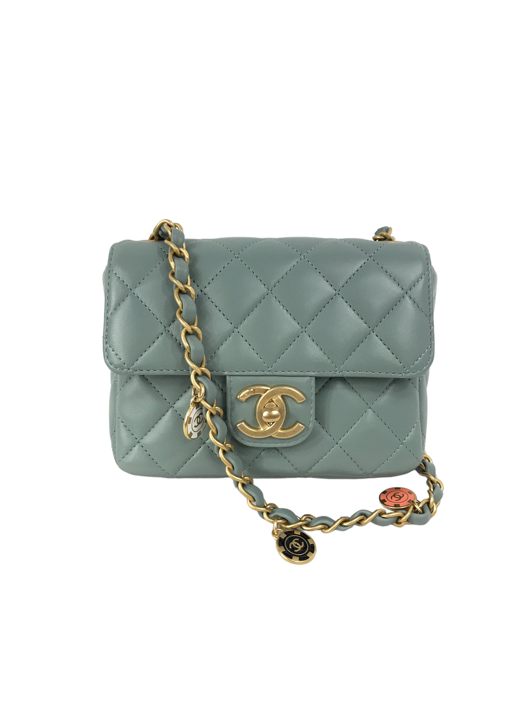 Chanel Light Grey/Blue Quilted Lambskin Mini Cruise Square Flap Bag w/