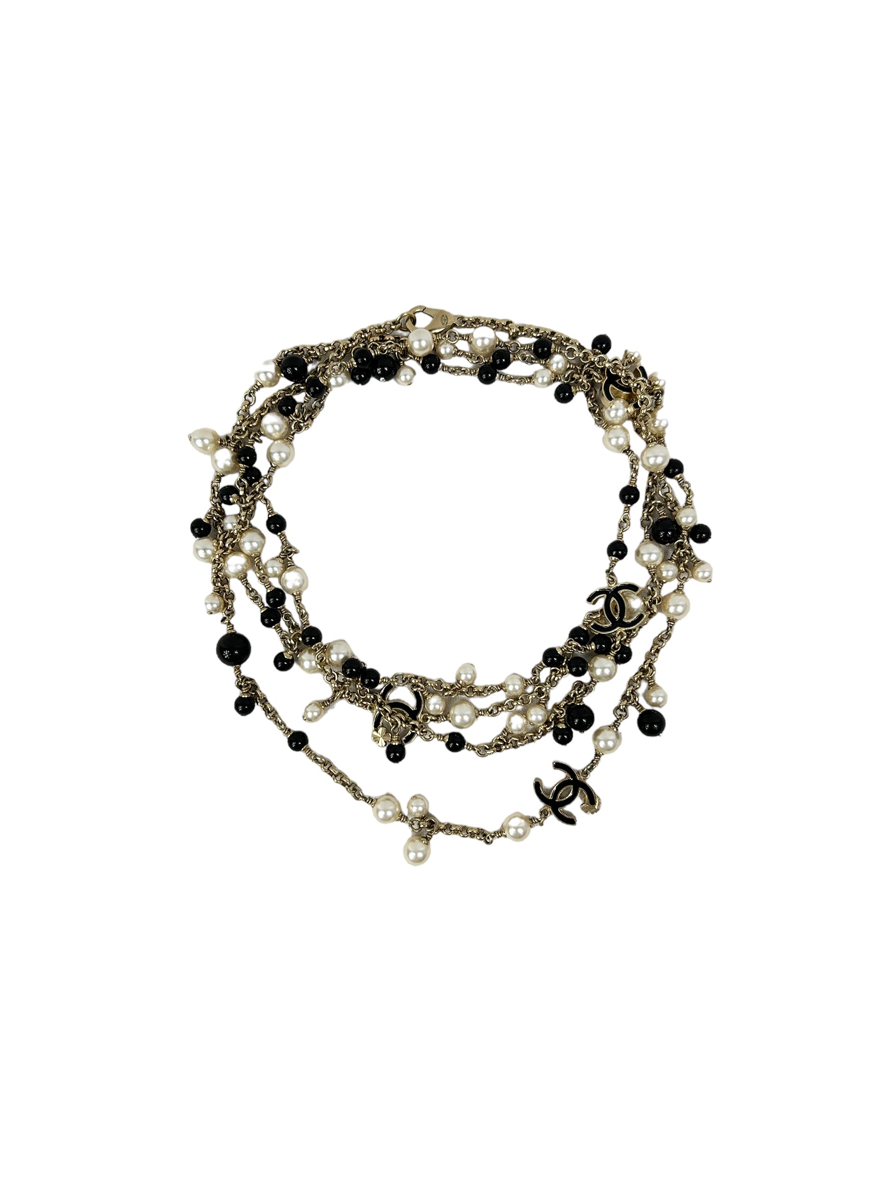 Costume Pearl/Black Enamel and CC Clover Gold Necklace