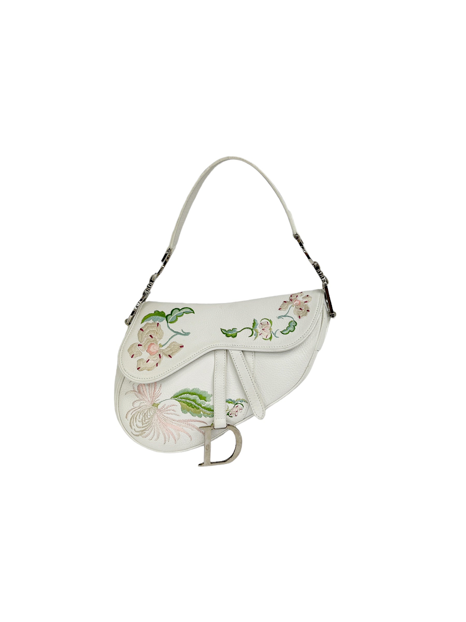 White Grained Calfskin Embroidered Romantic Flowers Saddle Bag w/SHW