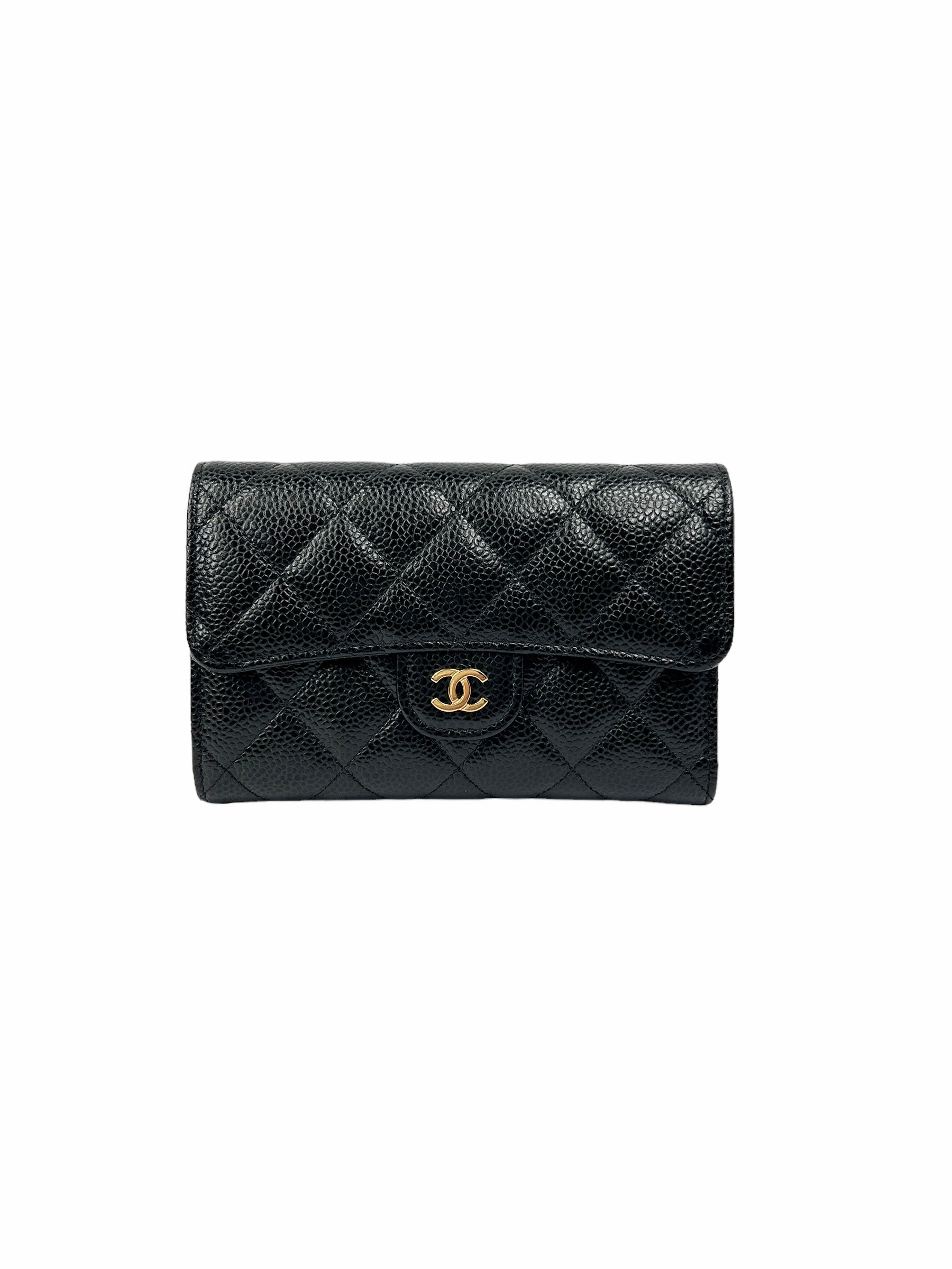 Black Caviar Quilted Leather Medium Flap Wallet w/GHW