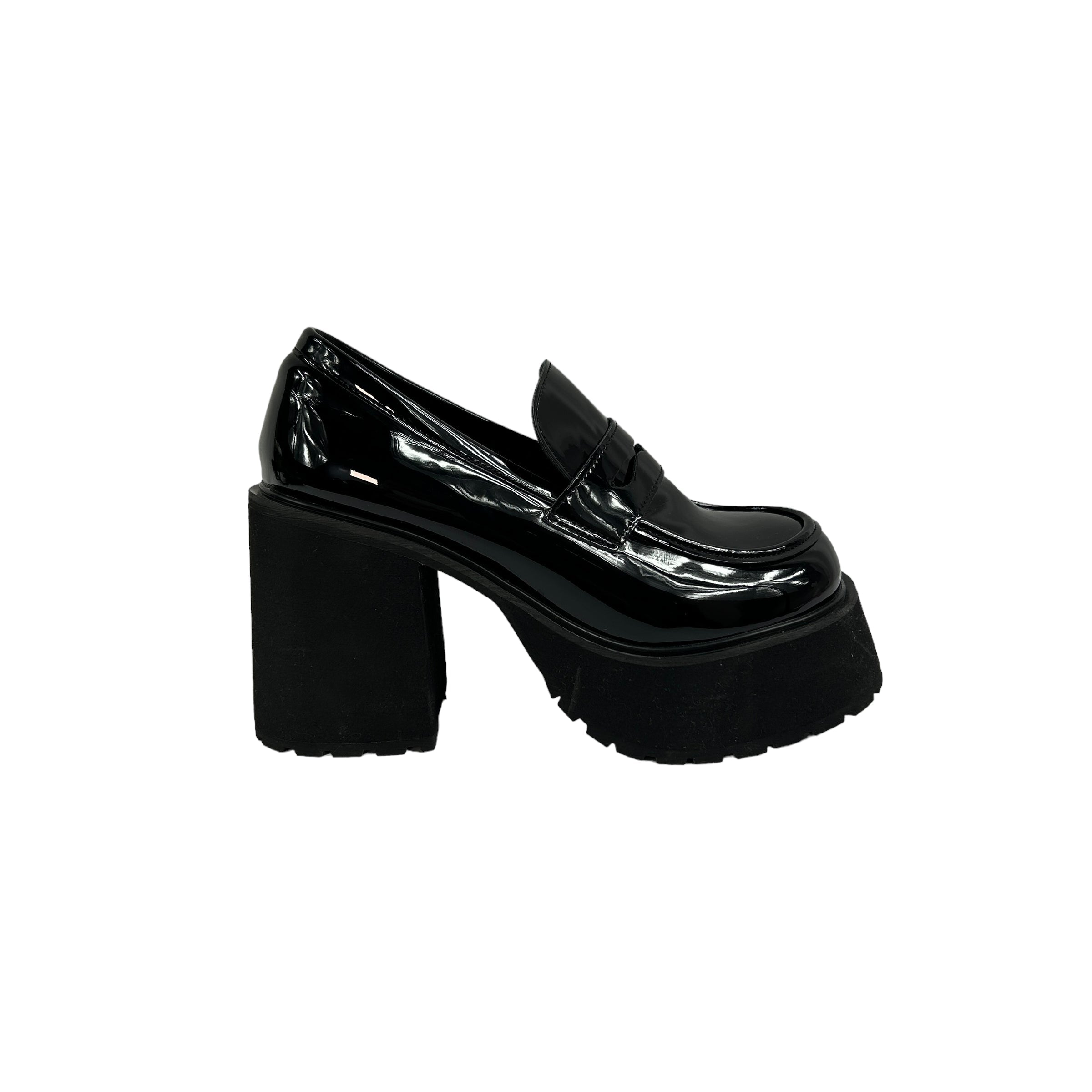 Black Faux Patent Platform Heeled Loafers