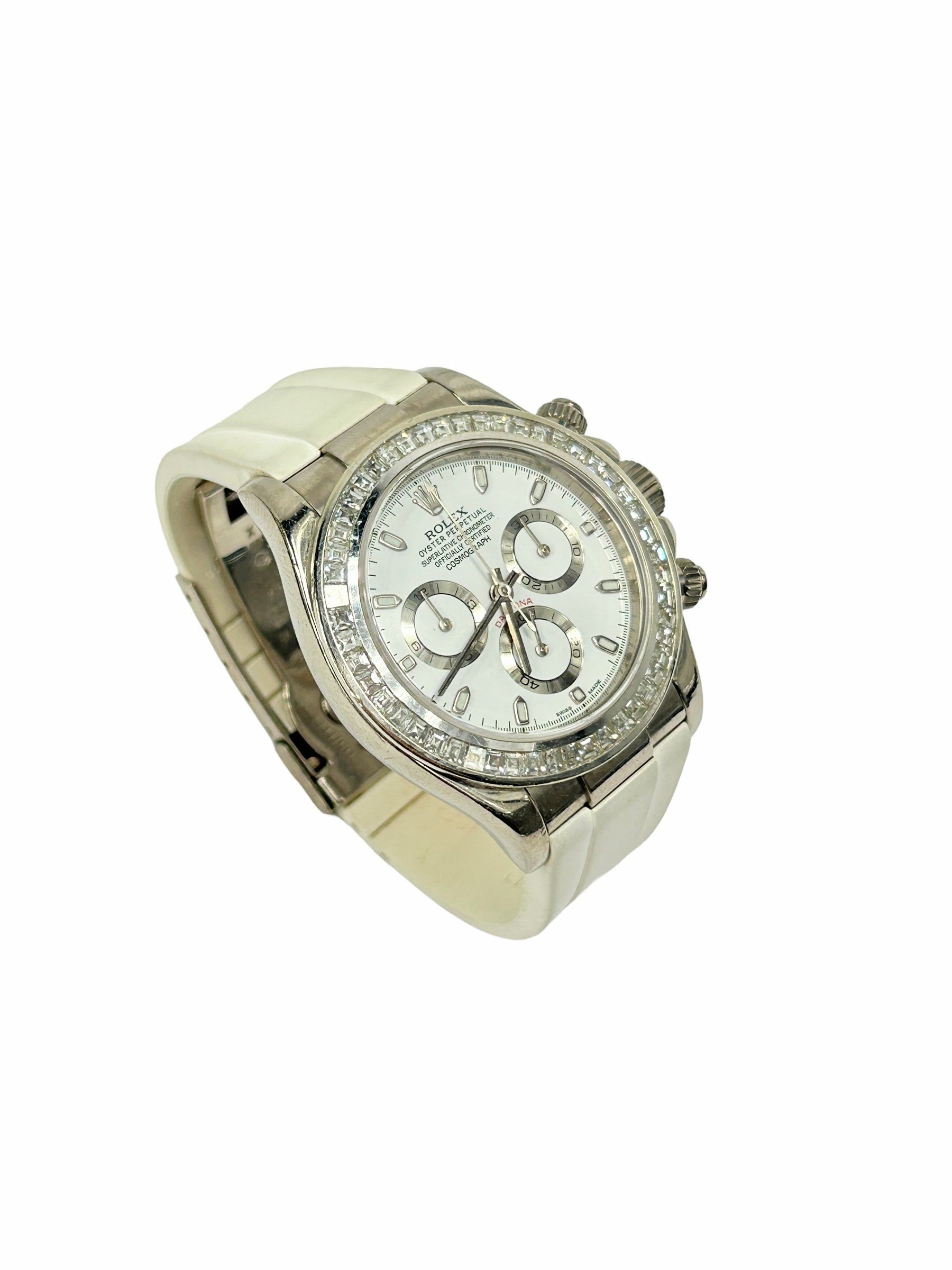 Daytona 18K White Gold Emerald Cut Diamond Cosmograph Watch w/ Oysterflex White Rubber Band