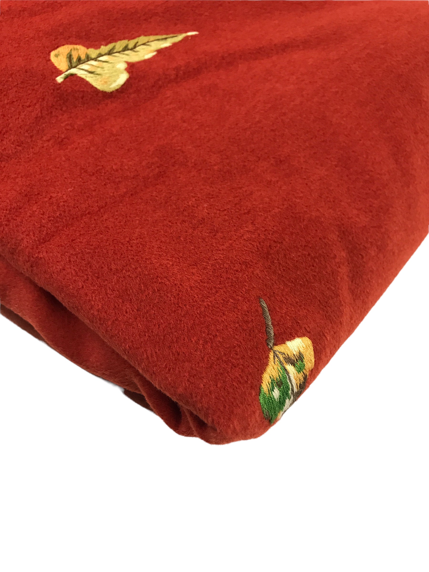 Vintage 80's-90's Exceptional Leaves Walk-In The Park Embroidered Plaid Wool/Cashmere Throw w/Suede Goatskin