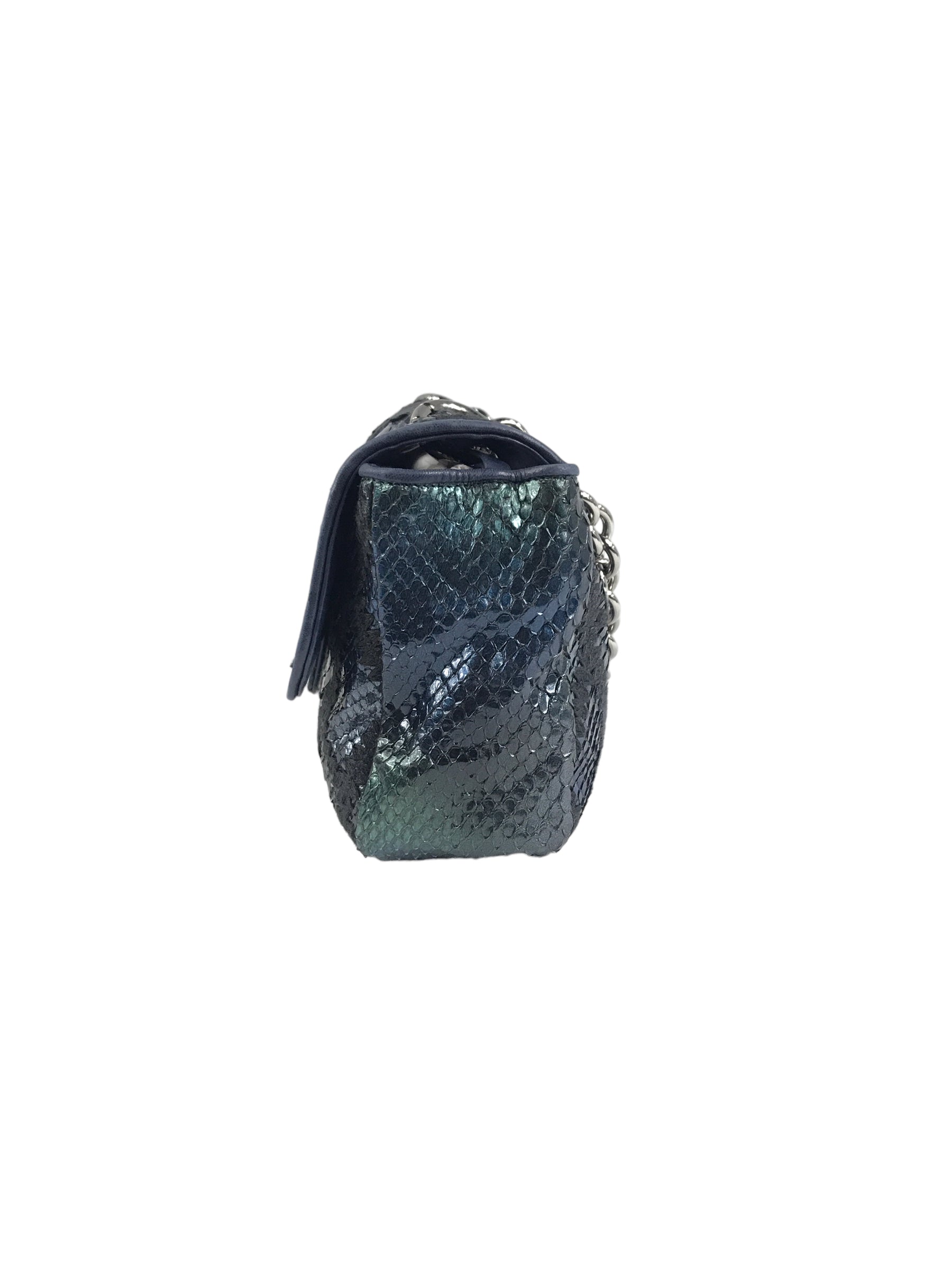 Blue Iridescent Python Quilted Maxi Flap Bag w/SHW Thick Chain Links