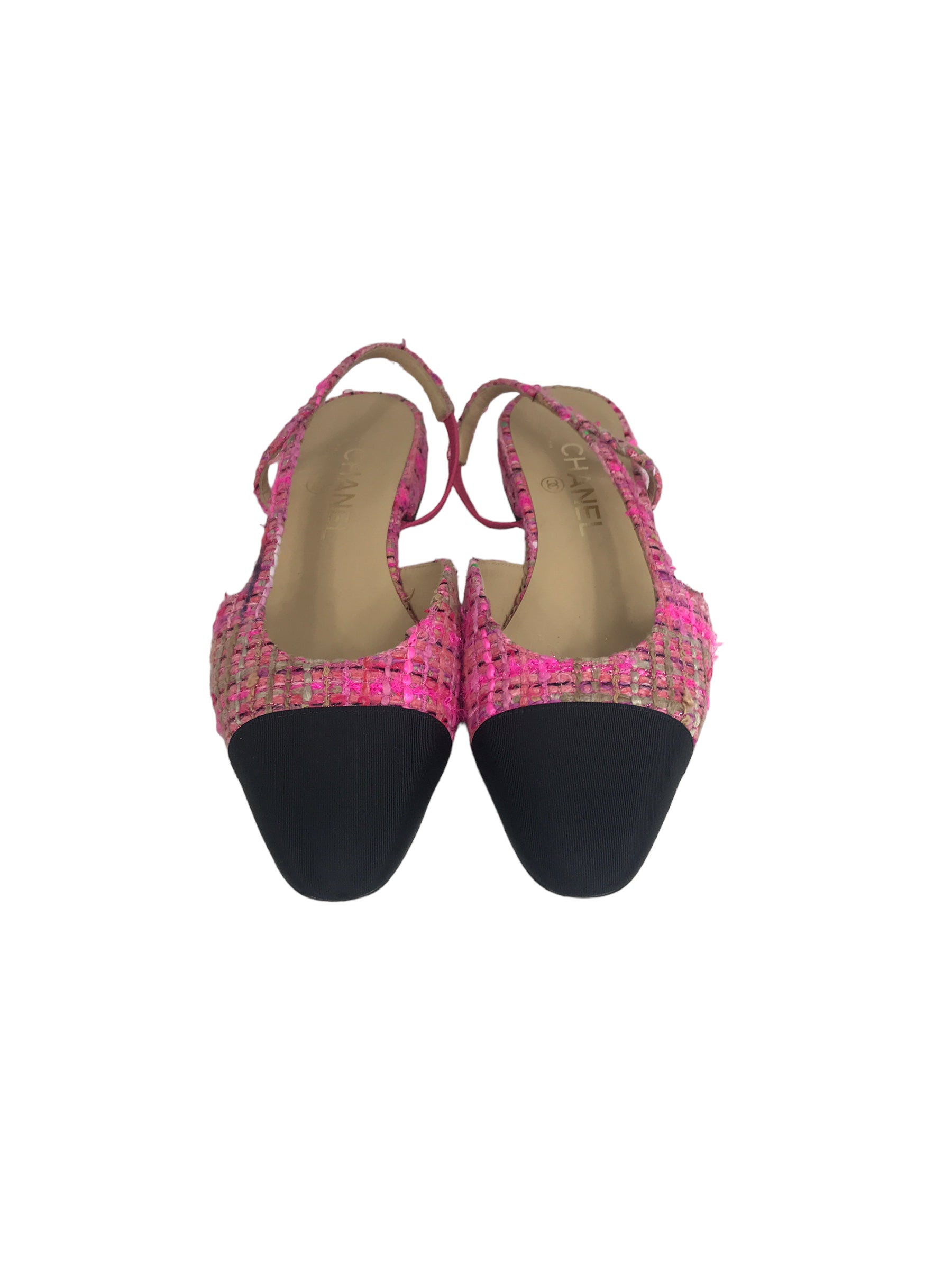 Chanel Pink Tweed & Black Kitten Heel Slingbacks