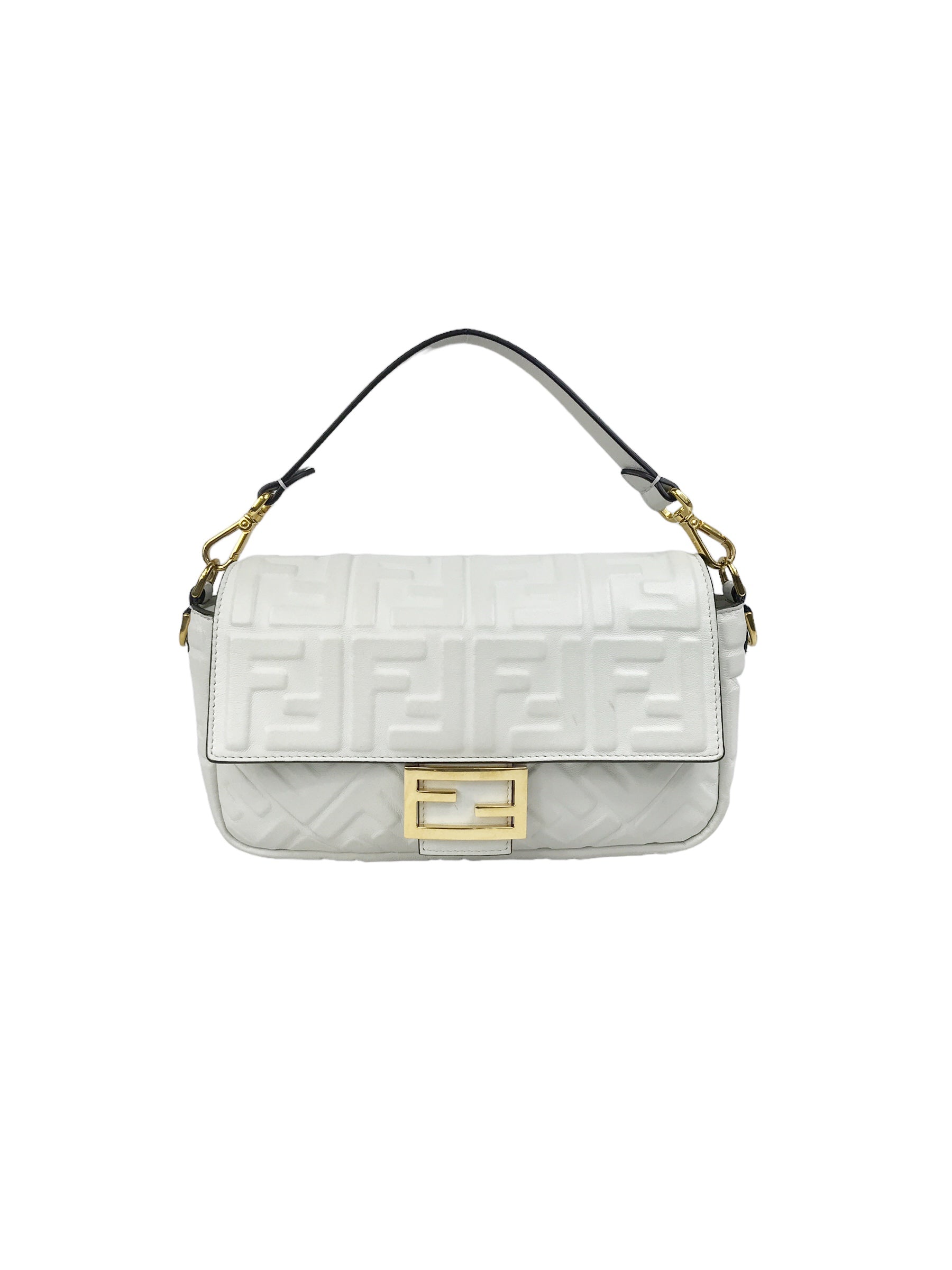 White Leather Medium Baguette Flap Bag W/GHW