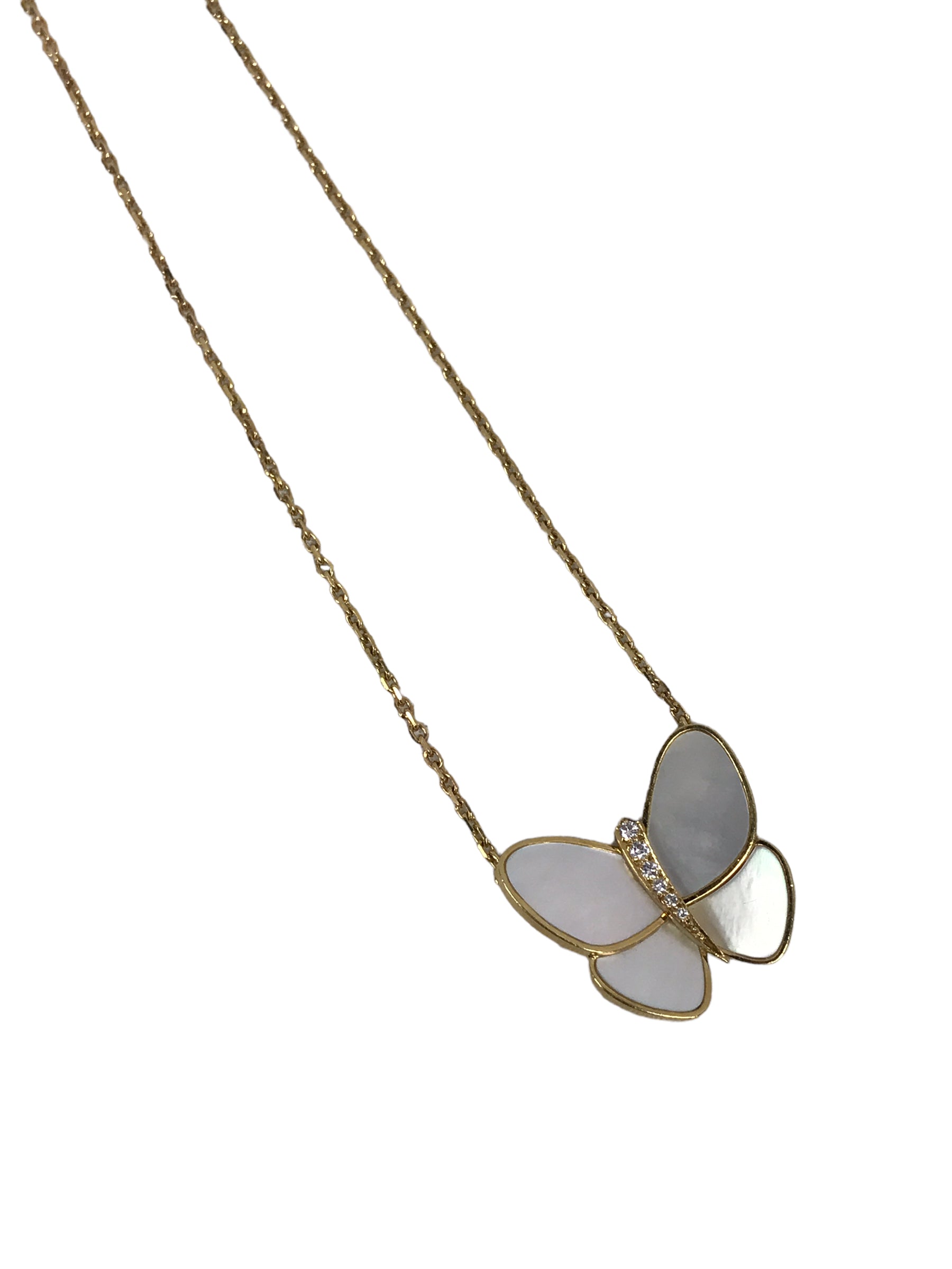 Mother of Pearl & Diamond 18K Gold Fly & Flutter Butterfly Pendant Necklace