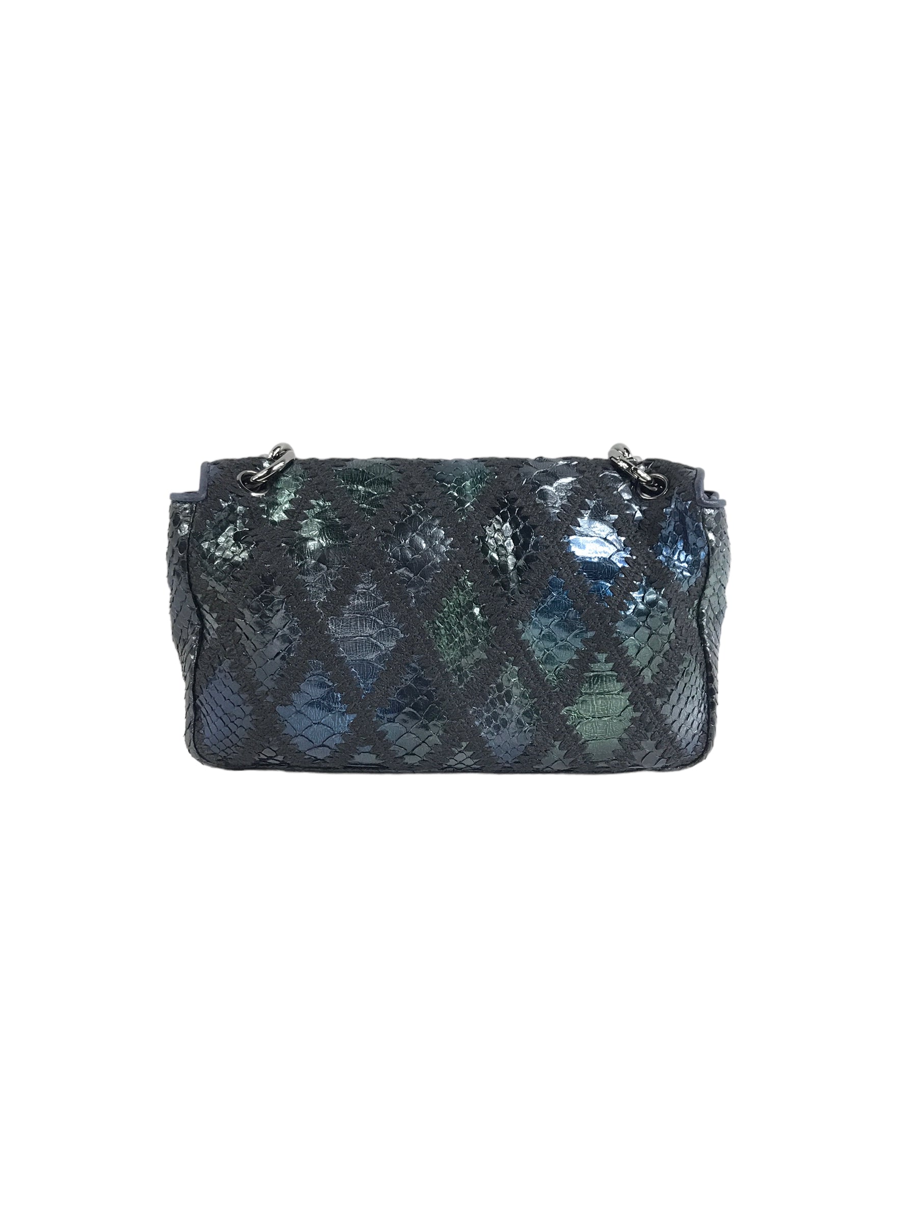 Blue Iridescent Python Quilted Maxi Flap Bag w/SHW Thick Chain Links