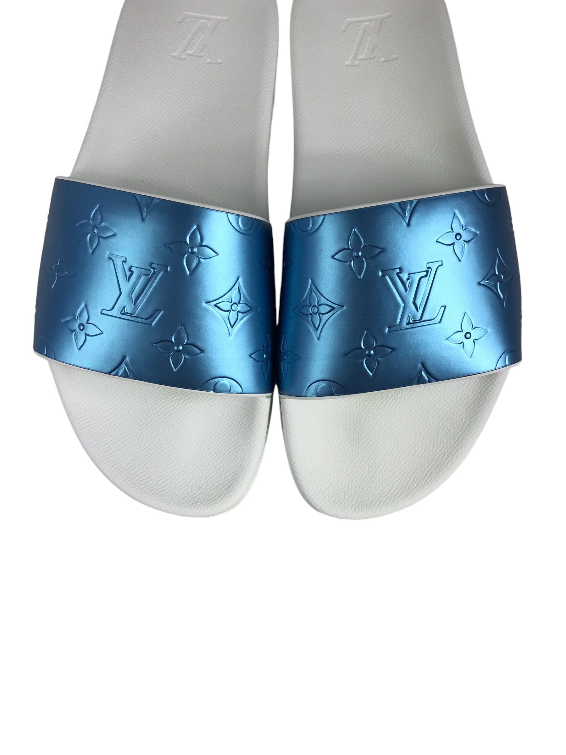 Louis Vuitton White and Blue Metallic Waterfront Mule Slides