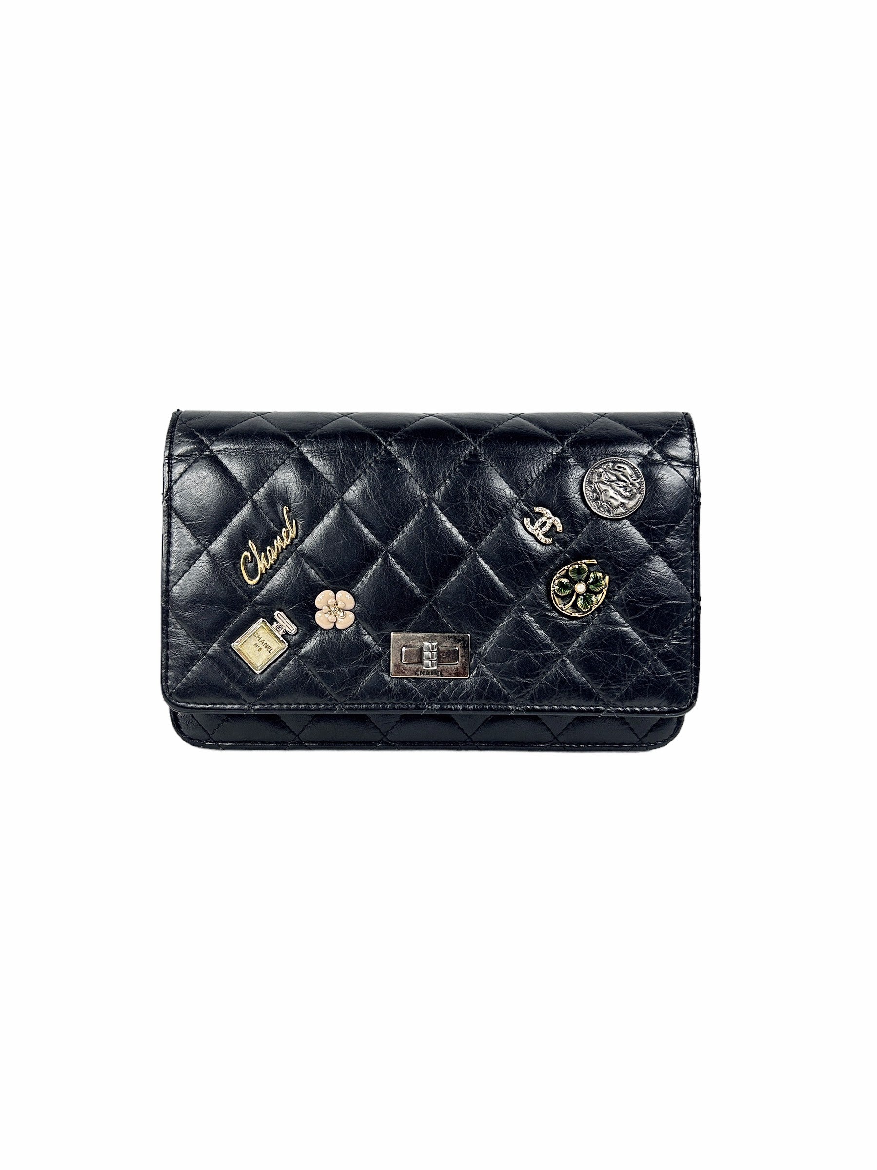 Black Quilted Aged Calfskin Charm Reissue Wallet On Chain w/RHW