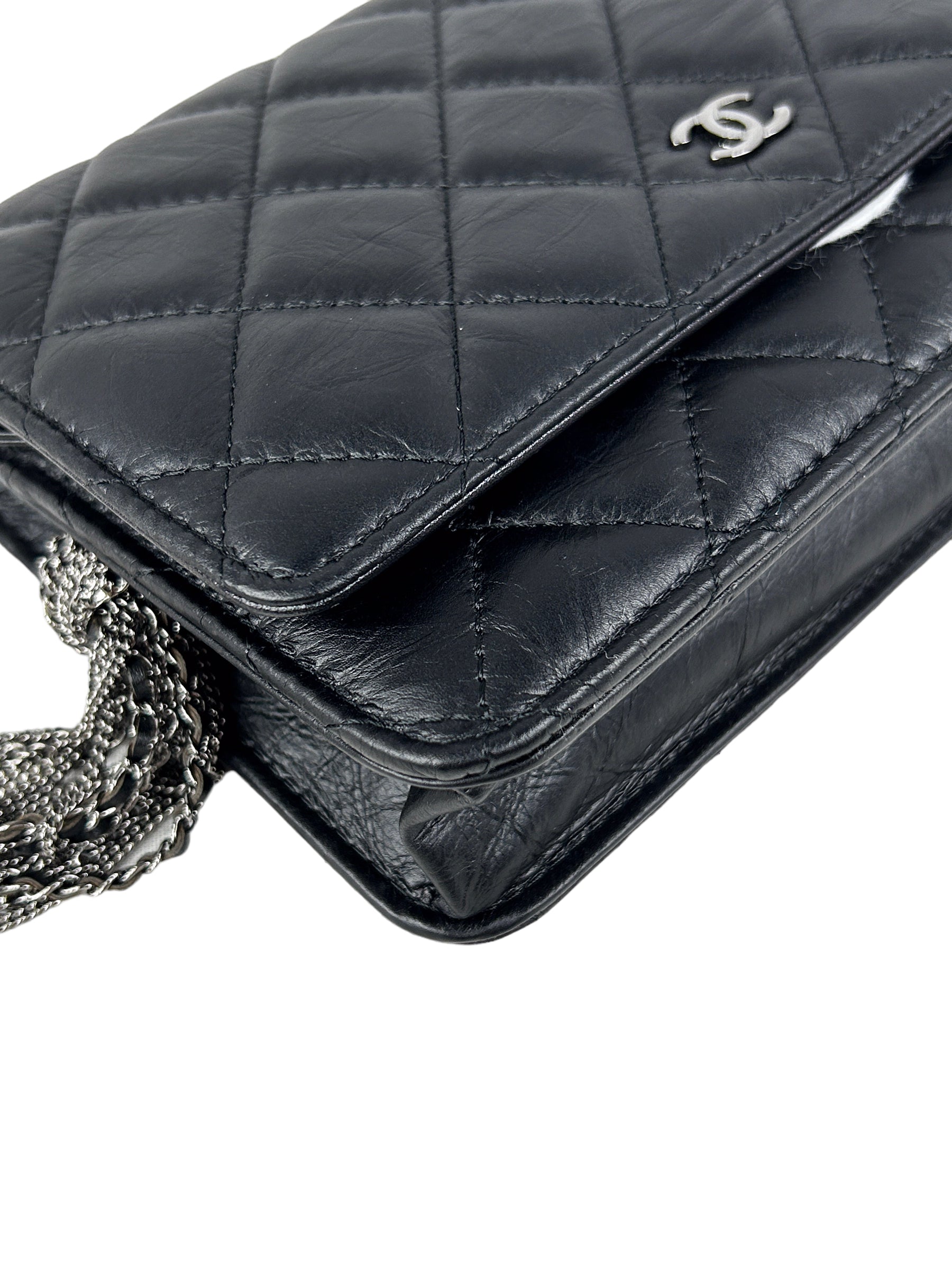 18K Black Iridescent Quilted Aged Calfskin Tassel Wallet on Chain w/SBHW