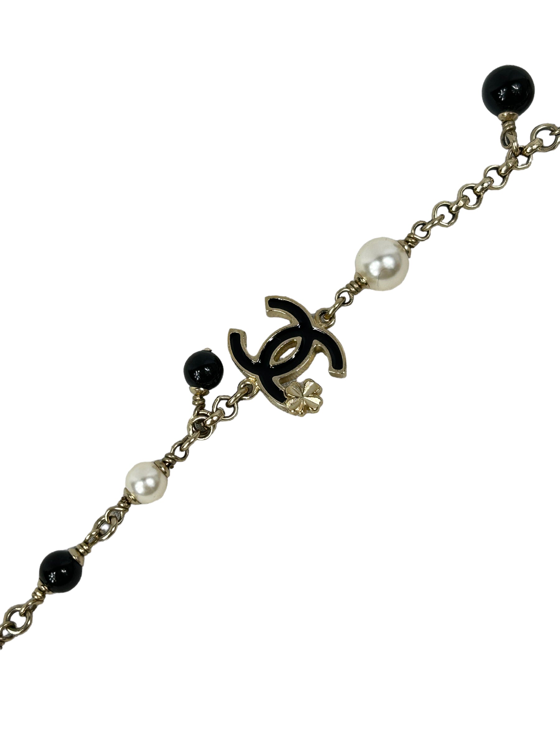 Costume Pearl/Black Enamel and CC Clover Gold Necklace