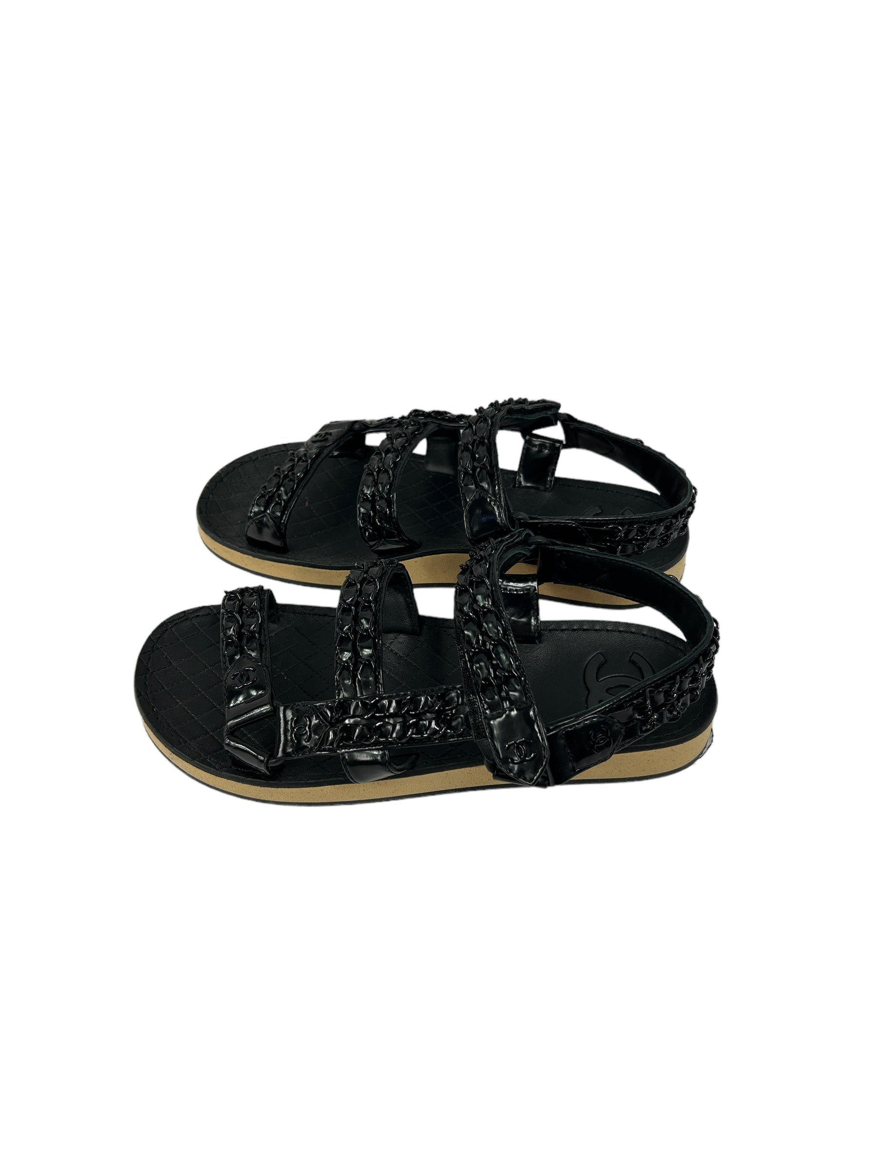 Black Patent Leather/ Chain Interlocking CC Logo Slingback Sandals