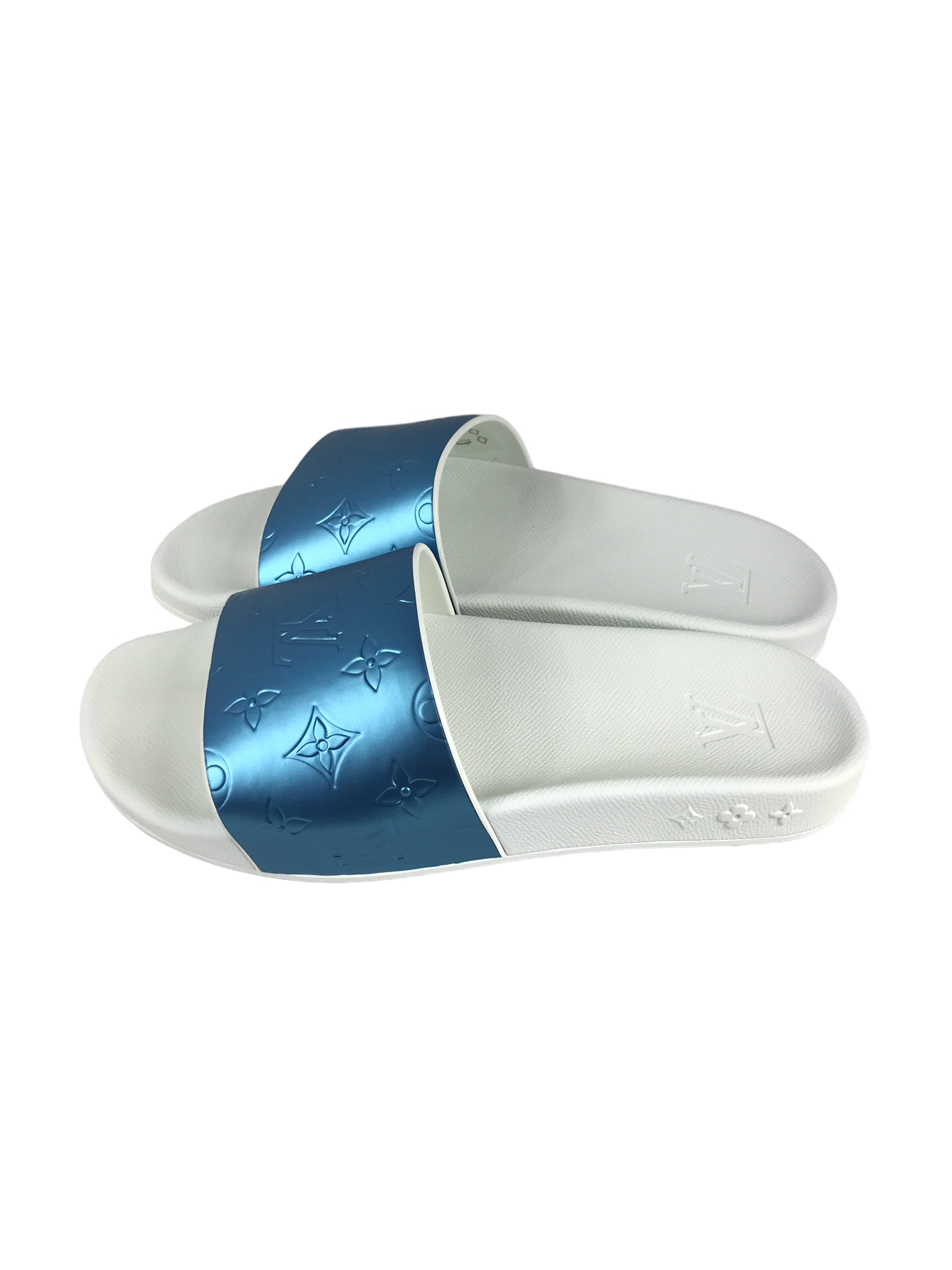 Louis Vuitton White and Blue Metallic Waterfront Mule Slides