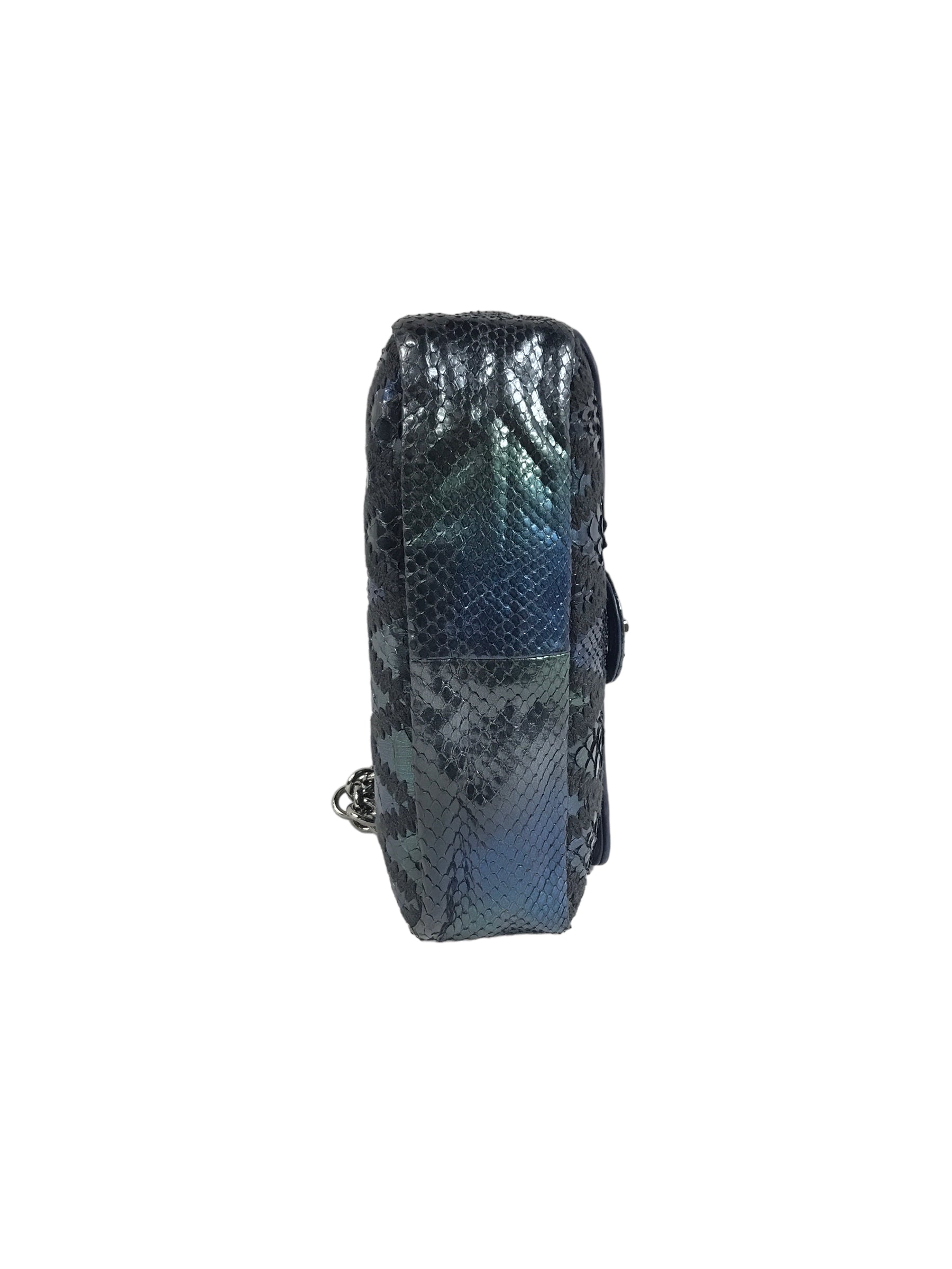 Blue Iridescent Python Quilted Maxi Flap Bag w/SHW Thick Chain Links