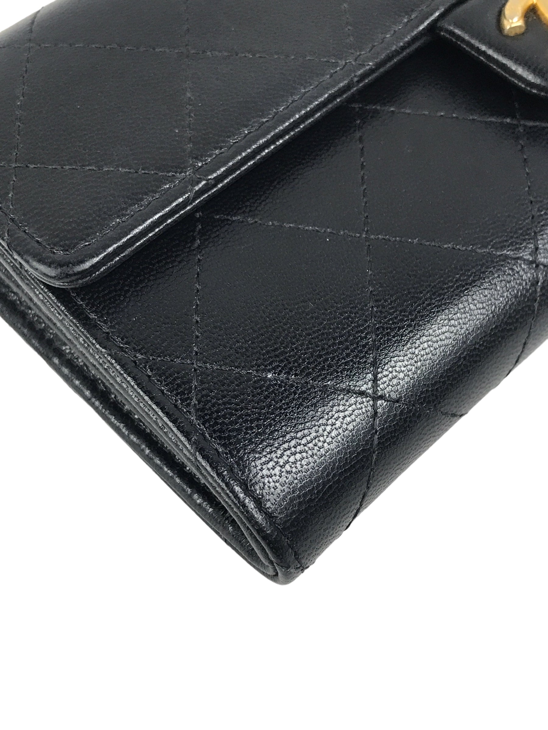 Black Goatskin Leather Faux Pearl Shoulder Flap Clutch w/AGHW Chain
