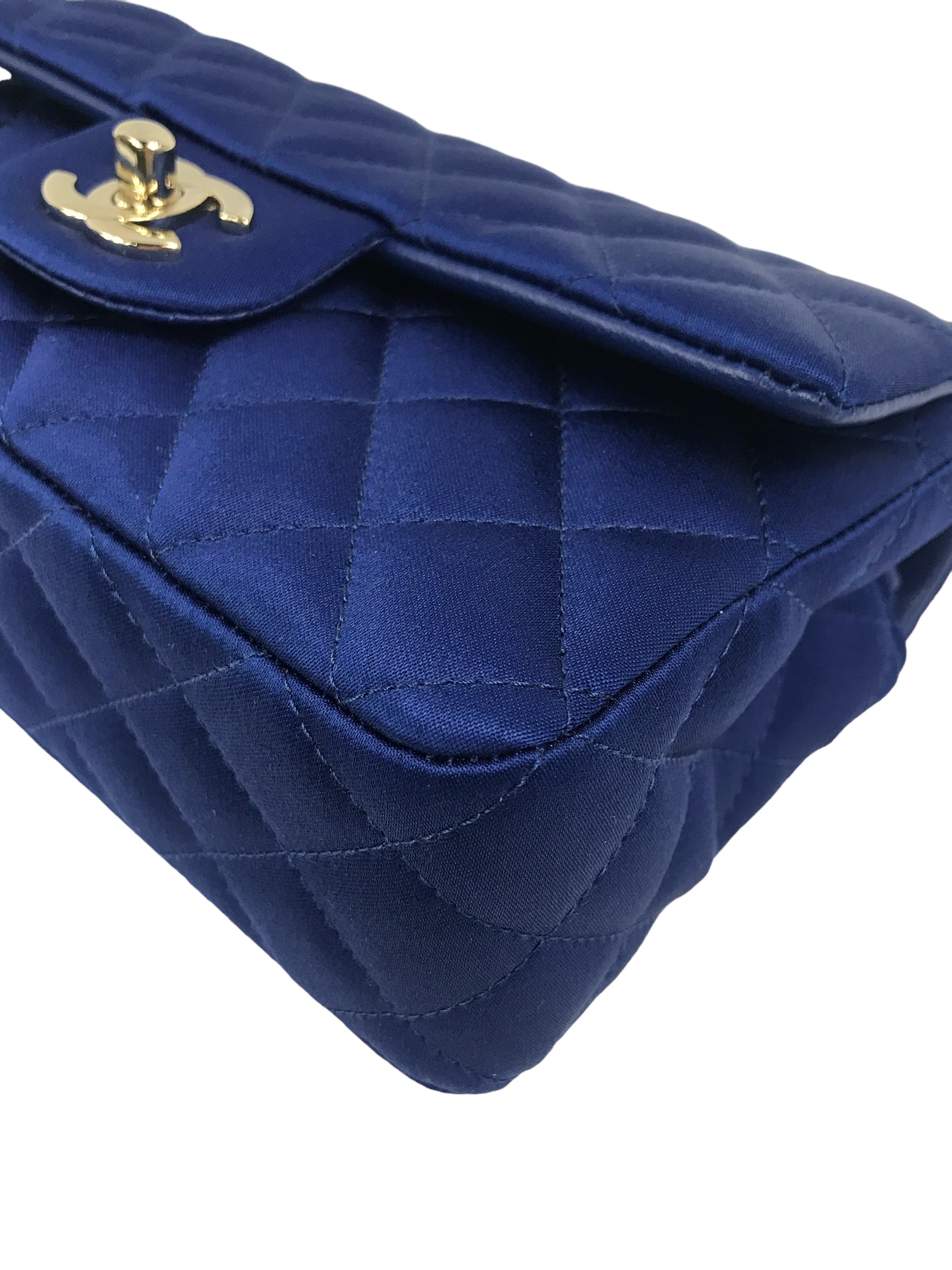 Blue Satin Silk Quilted Single Flap Mini Rectangle w/GHW