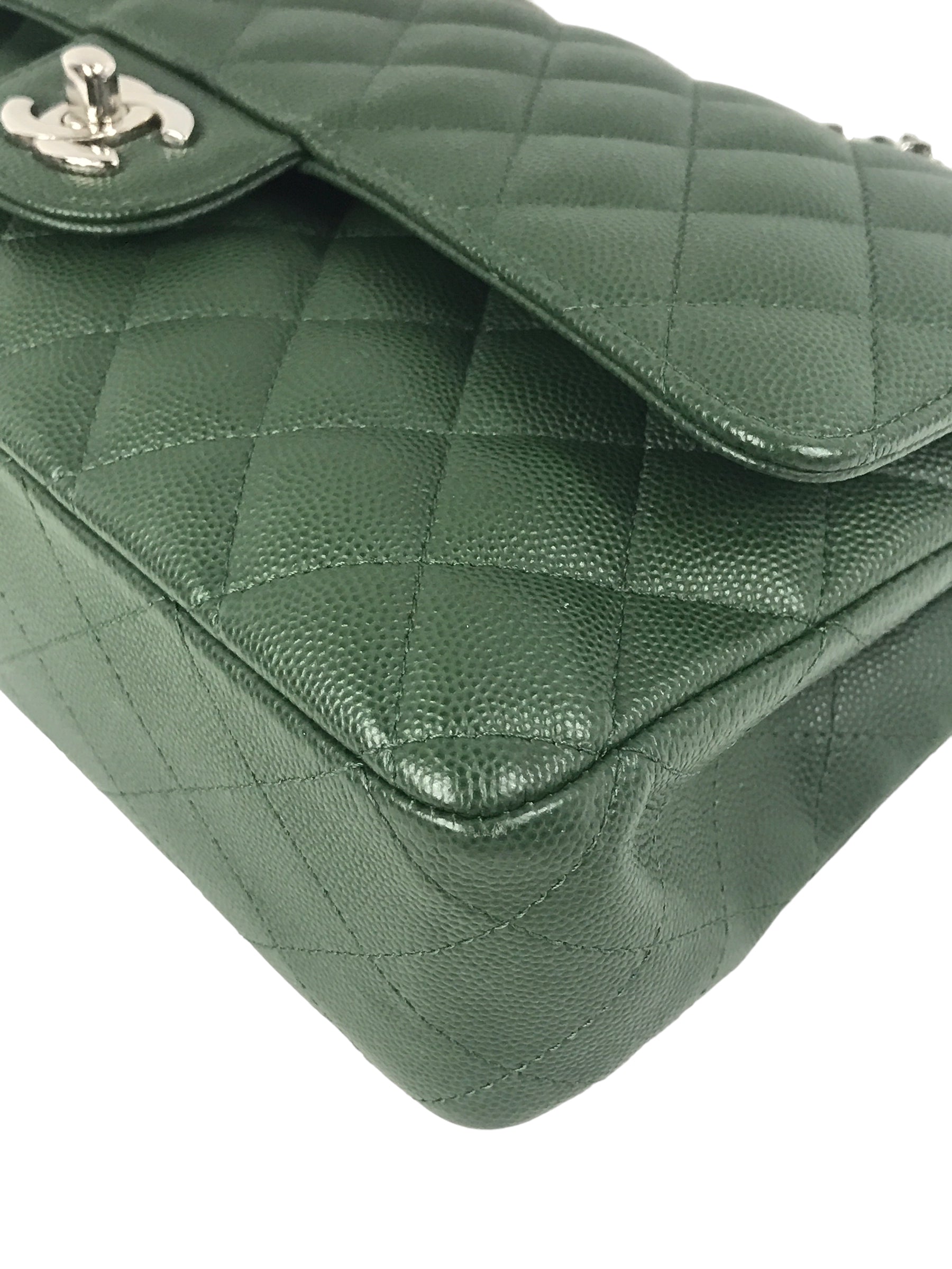 Olive Green Caviar Quilted Medium Classic Double Flap W/SHW