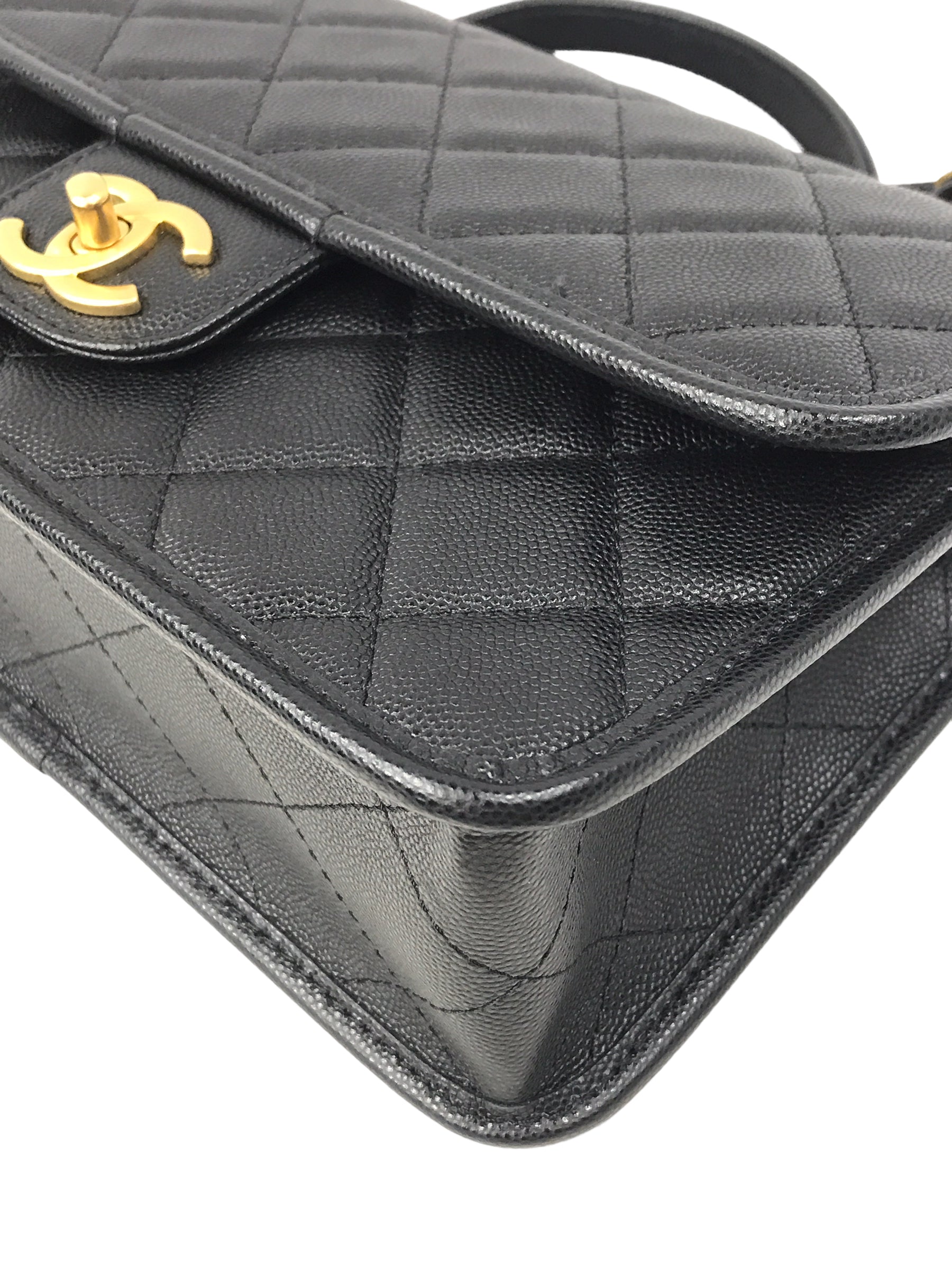Black Quilted Caviar Top Handle Flap Bag w/AGHW