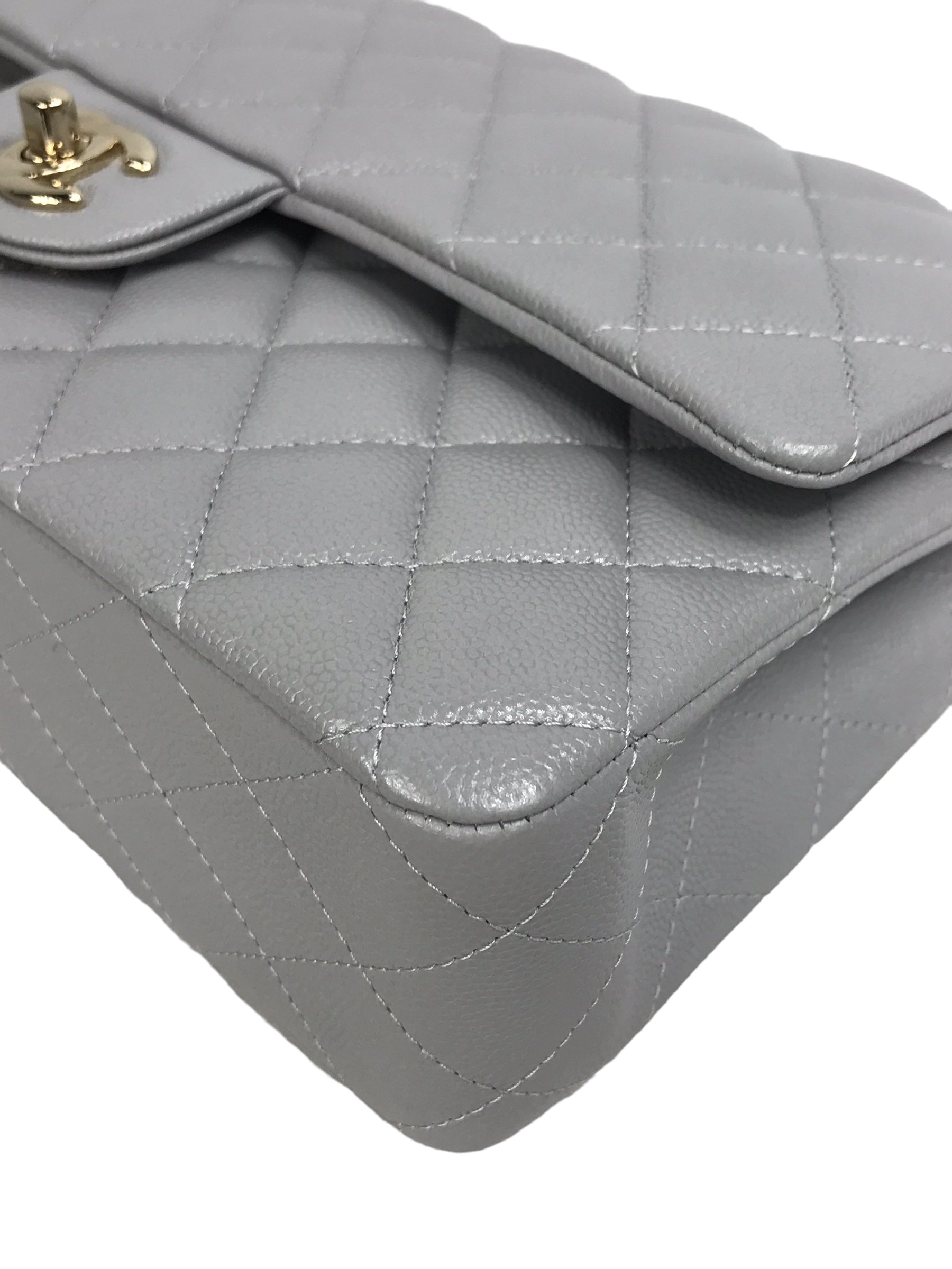Dove Grey Quilted Caviar Leather Double Flap Medium w/GHW