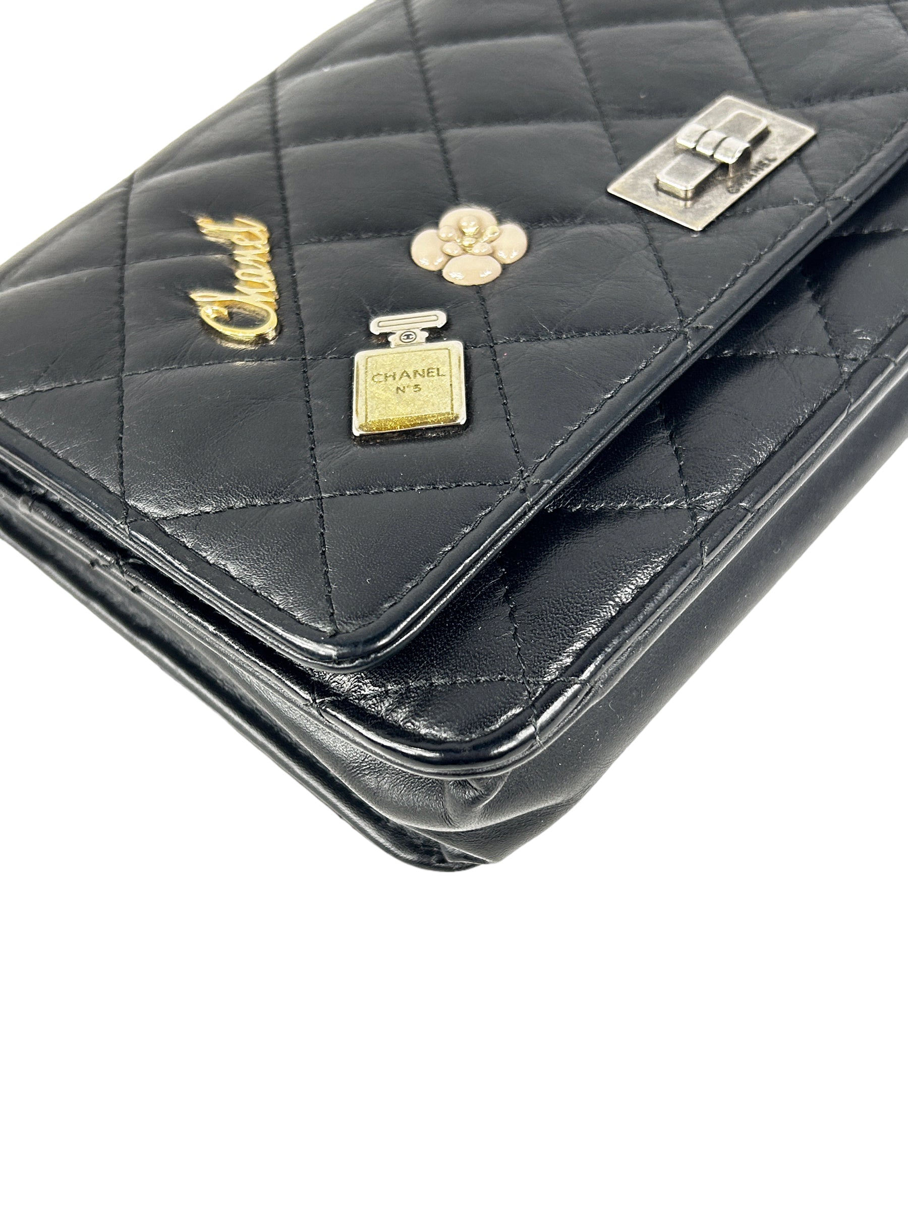 Black Quilted Aged Calfskin Charm Reissue Wallet On Chain w/RHW