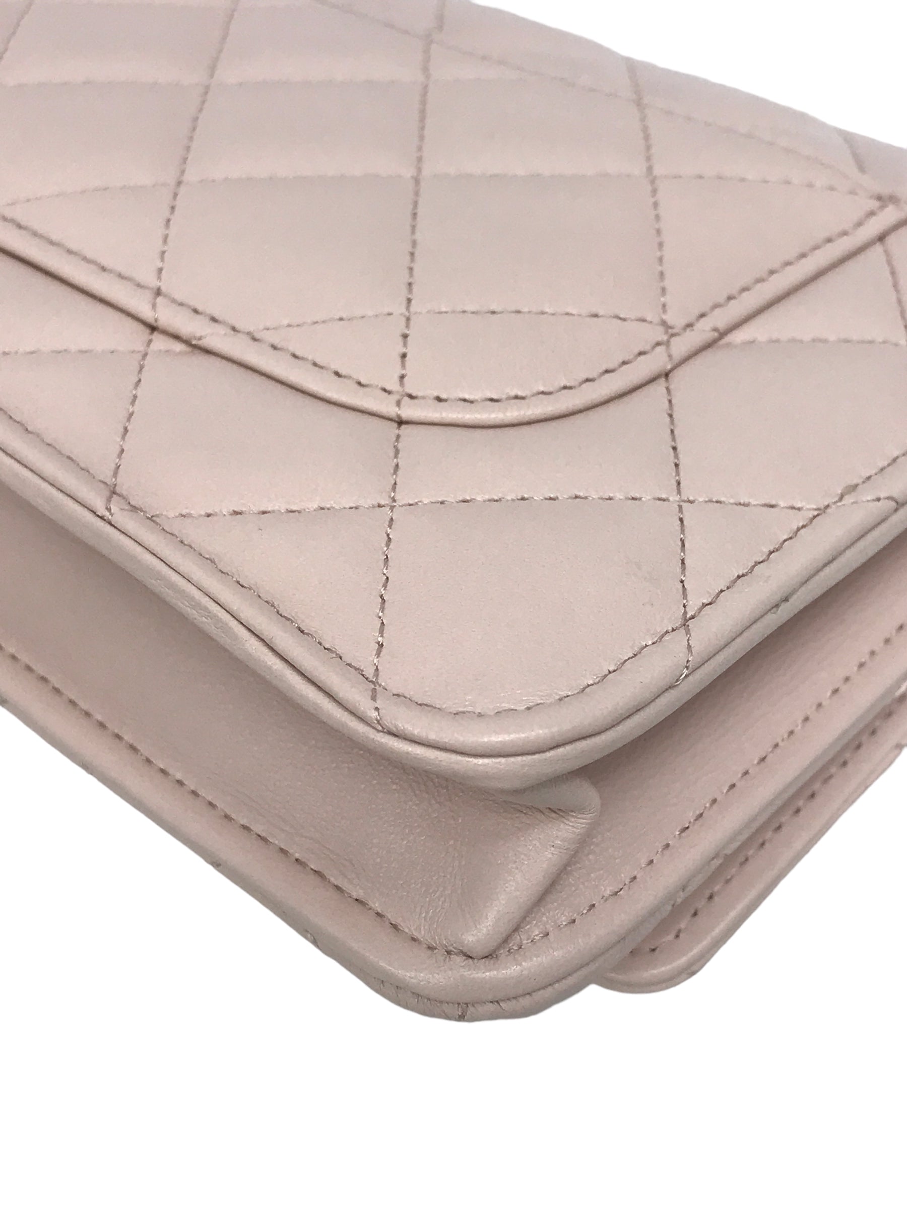 Plush Pink Quilted Lambskin Leather Pearl Crush Wallet on Chain w/AGHW