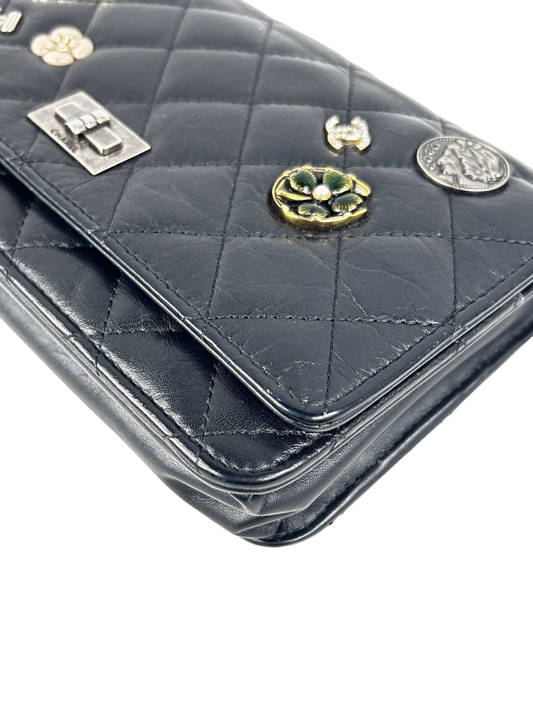 Black Quilted Aged Calfskin Charm Reissue Wallet On Chain w/RHW