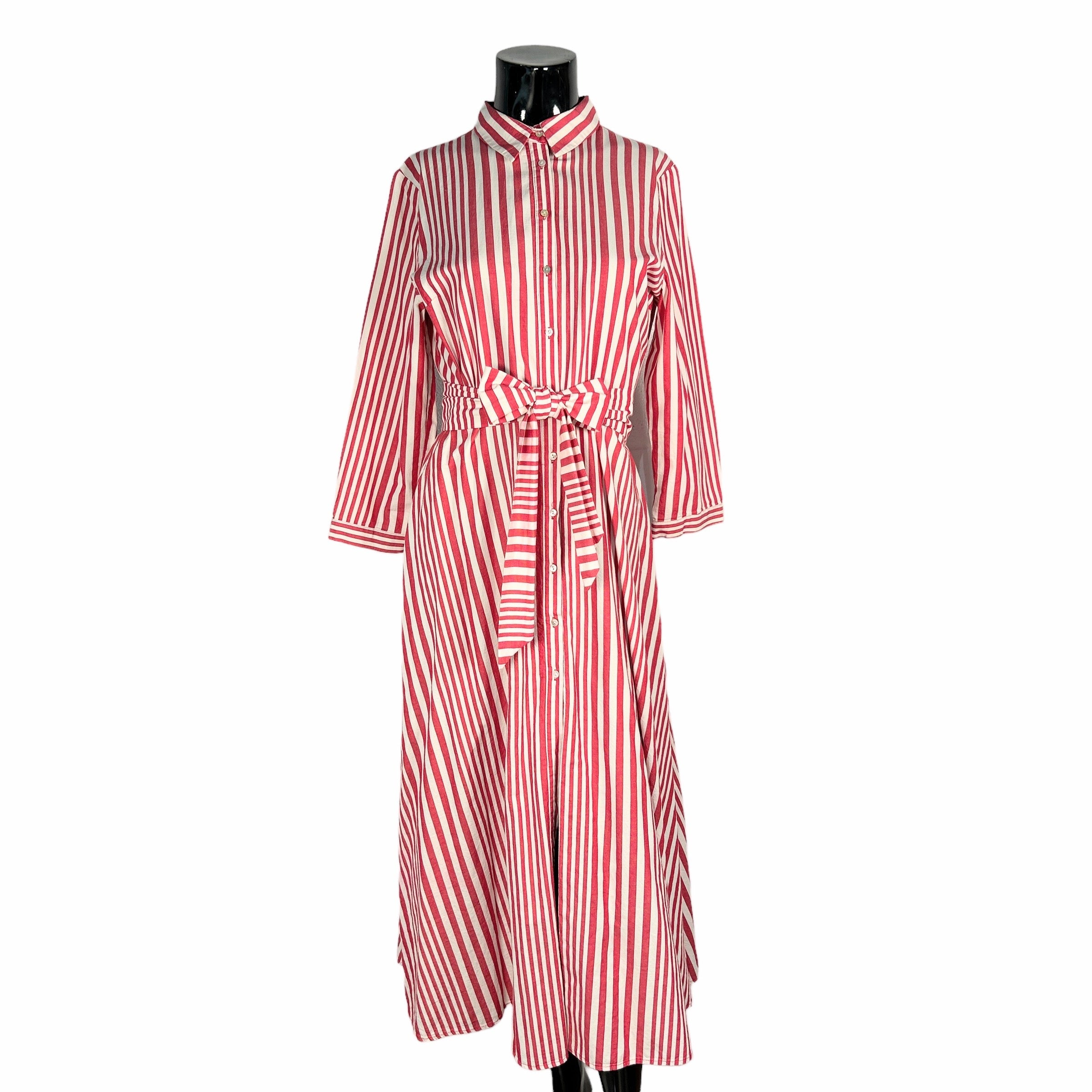 ZARA White/Red Striped Cotton Belted Dress