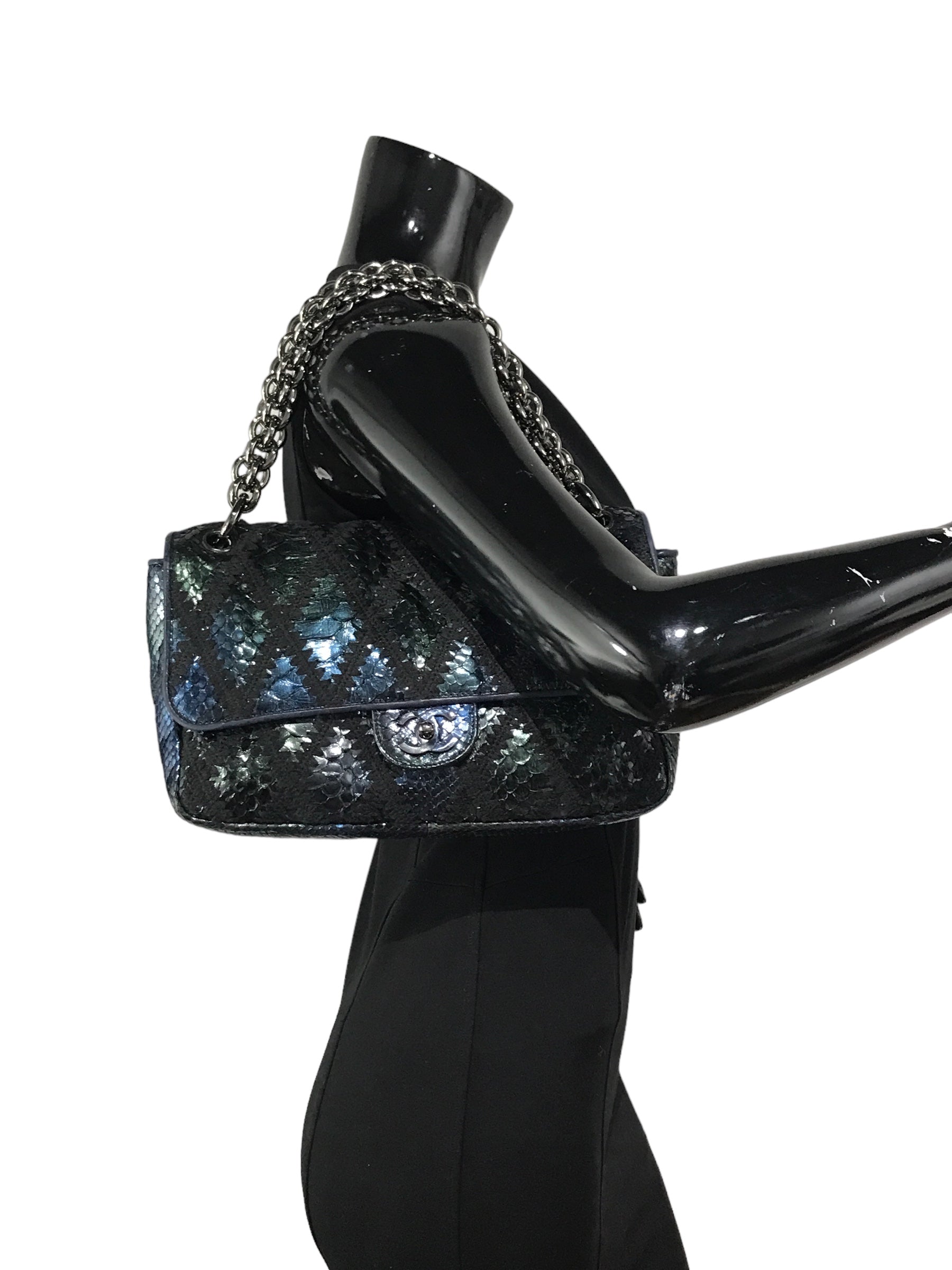 Blue Iridescent Python Quilted Maxi Flap Bag w/SHW Thick Chain Links