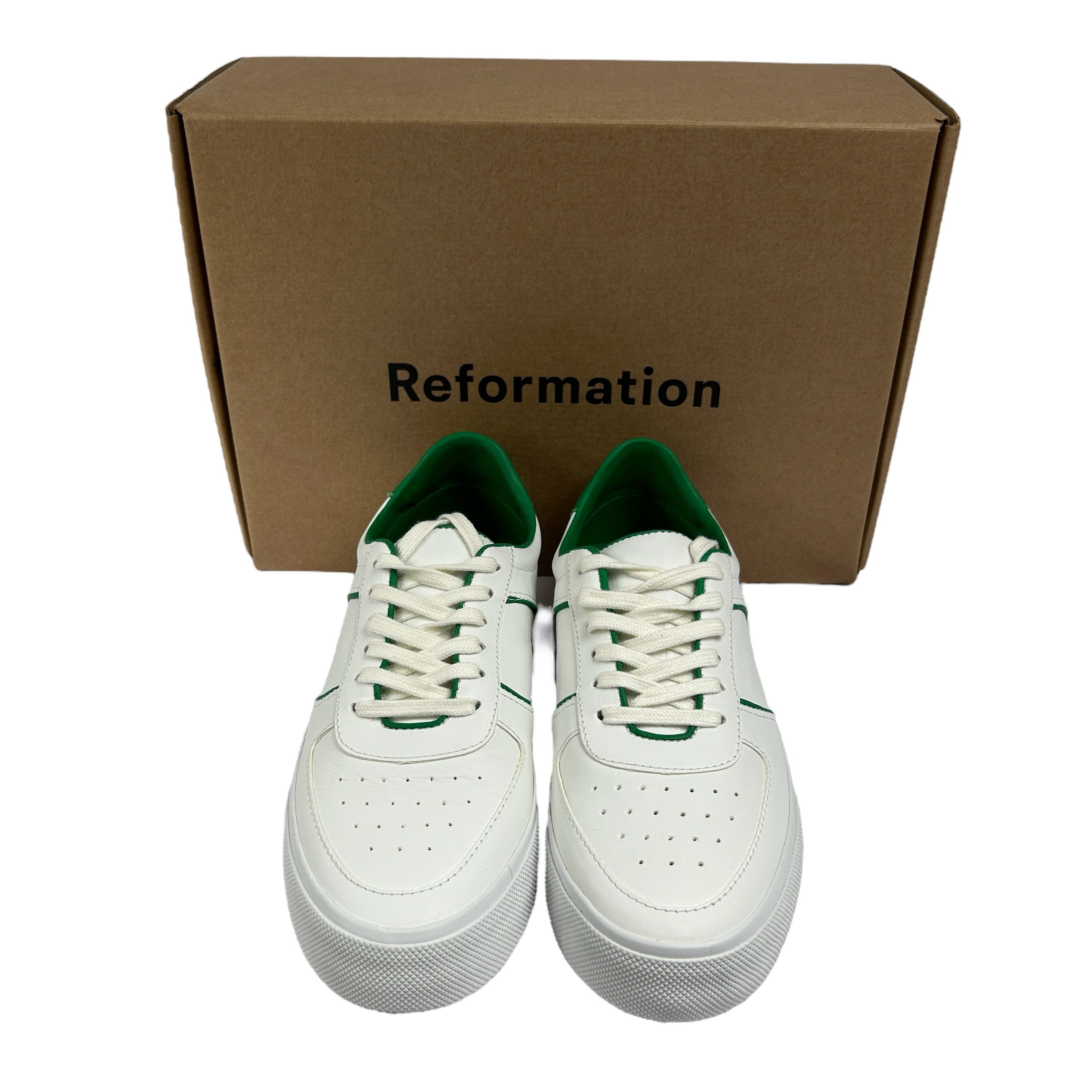 REFORMATION White/Green Harlow Leather Sneakers