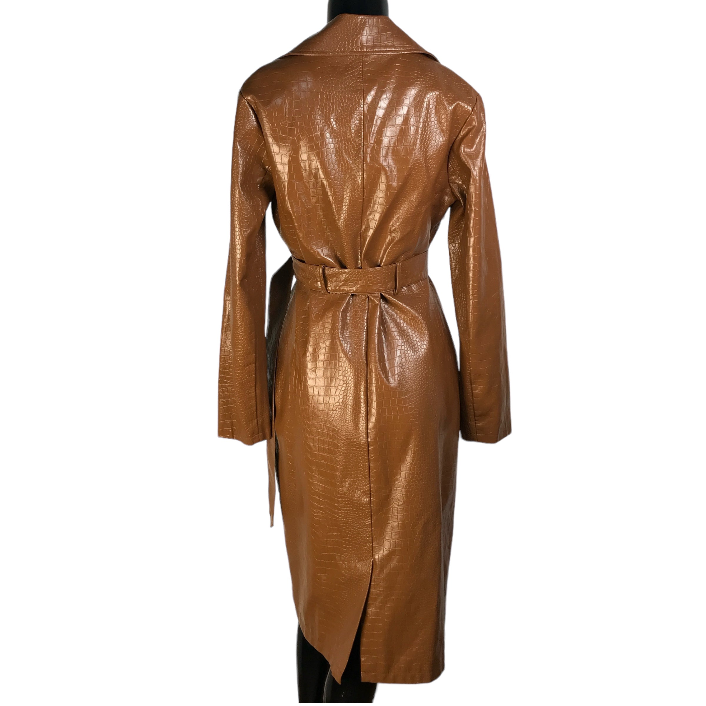 MISSGUIDED Tall Camel Faux Patent Leather Croc Embossed Belted Trench Coat