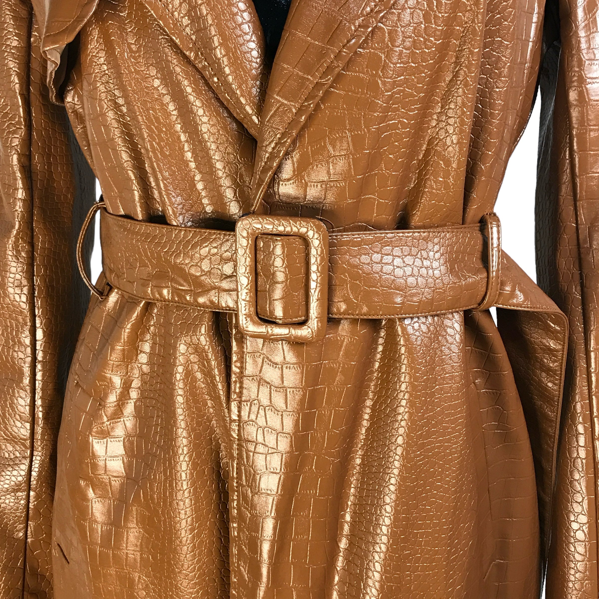 MISSGUIDED Tall Camel Faux Patent Leather Croc Embossed Belted Trench Coat