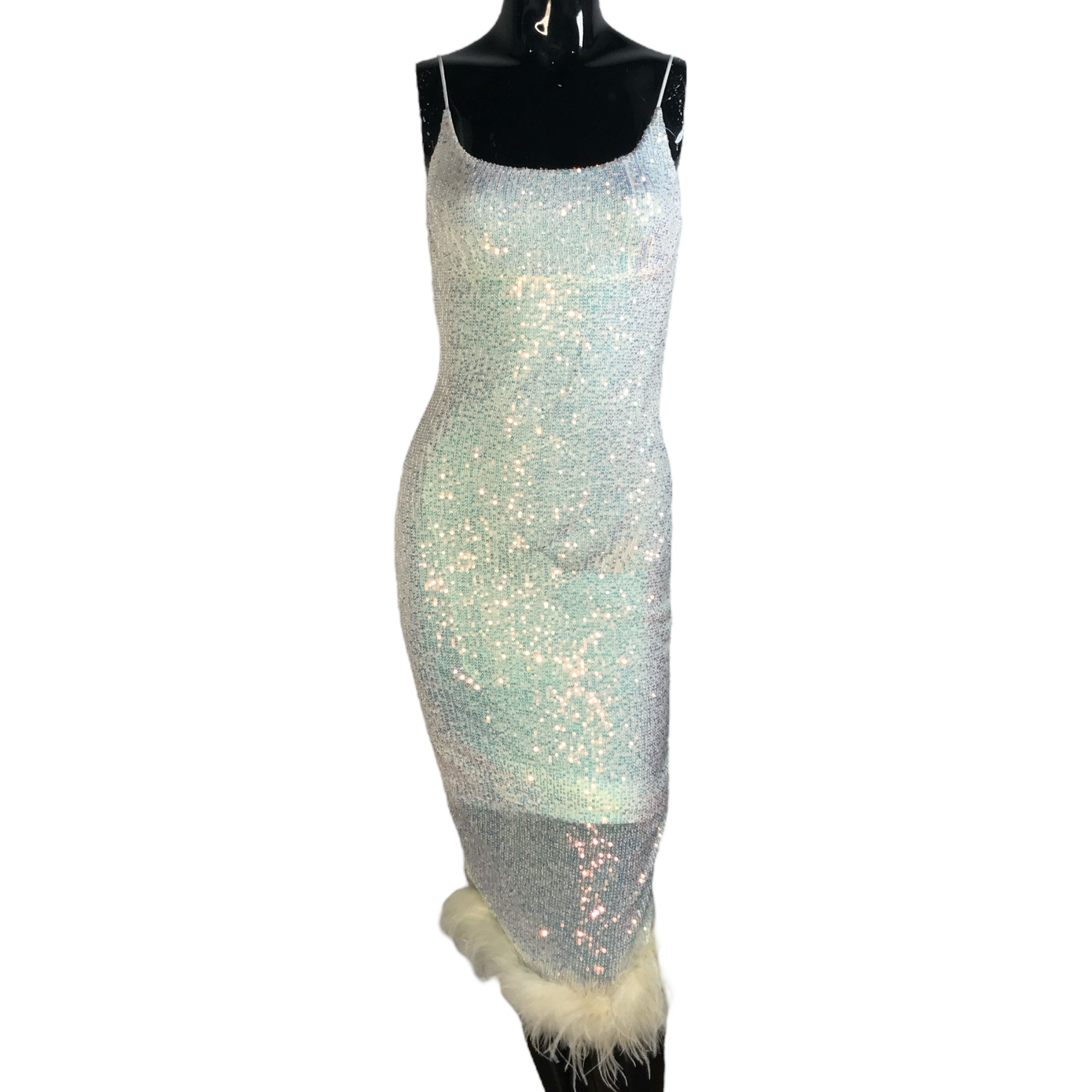 WINDSOR White Iridescent Sequins Feather Formal Dress