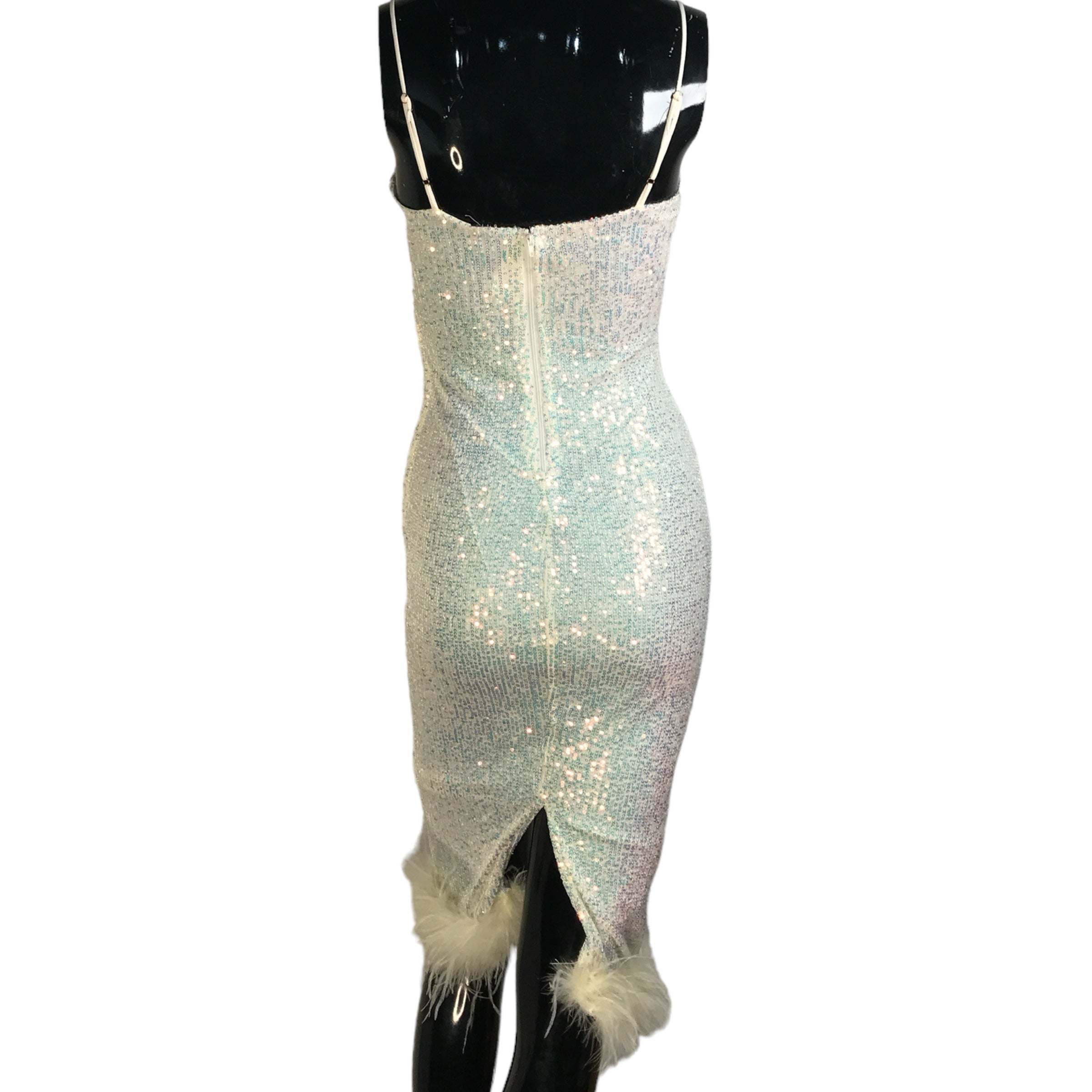 WINDSOR White Iridescent Sequins Feather Formal Dress