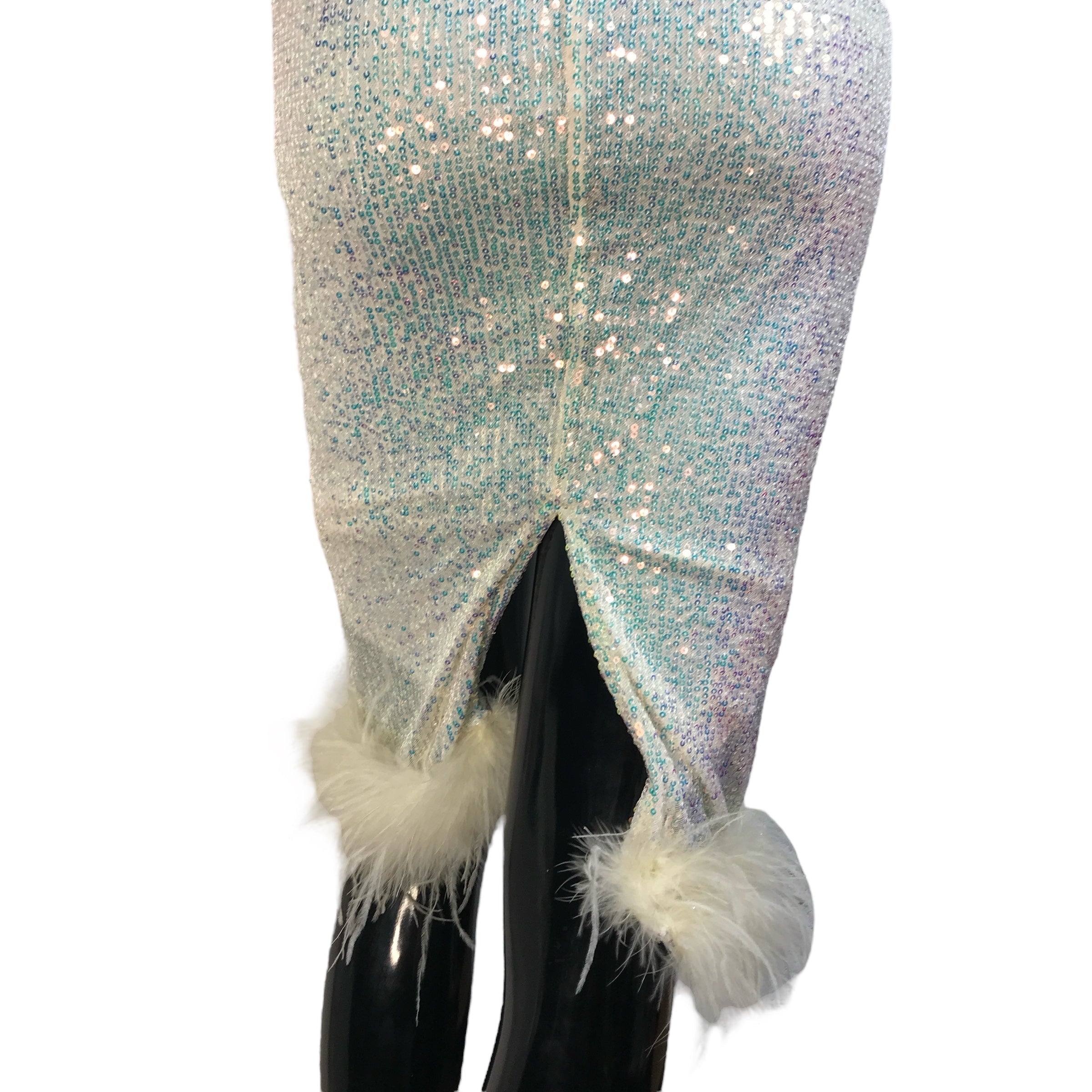 WINDSOR White Iridescent Sequins Feather Formal Dress