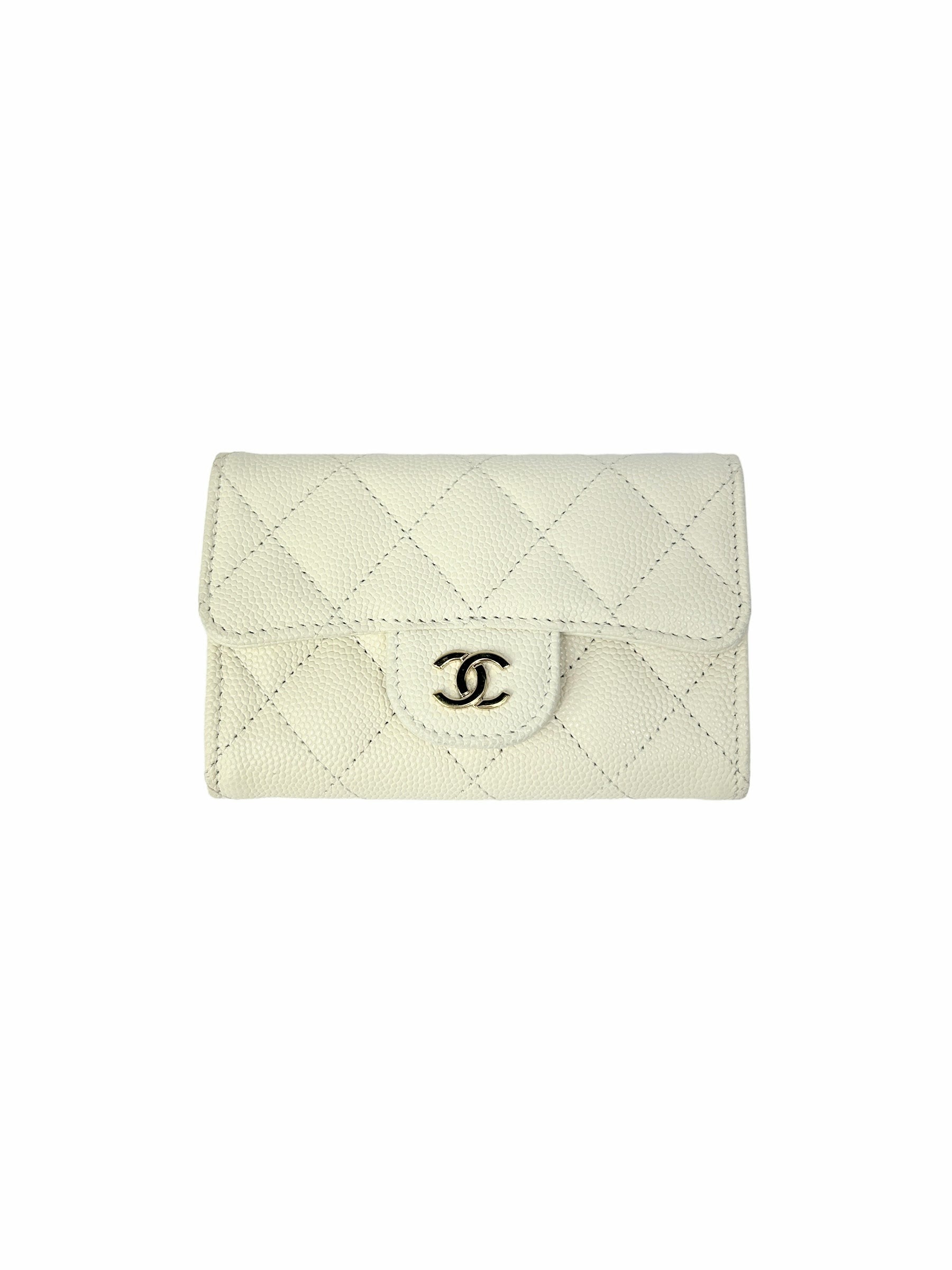 White Caviar Quilted Calfskin Leather Card Holder Wallet W/LGHW