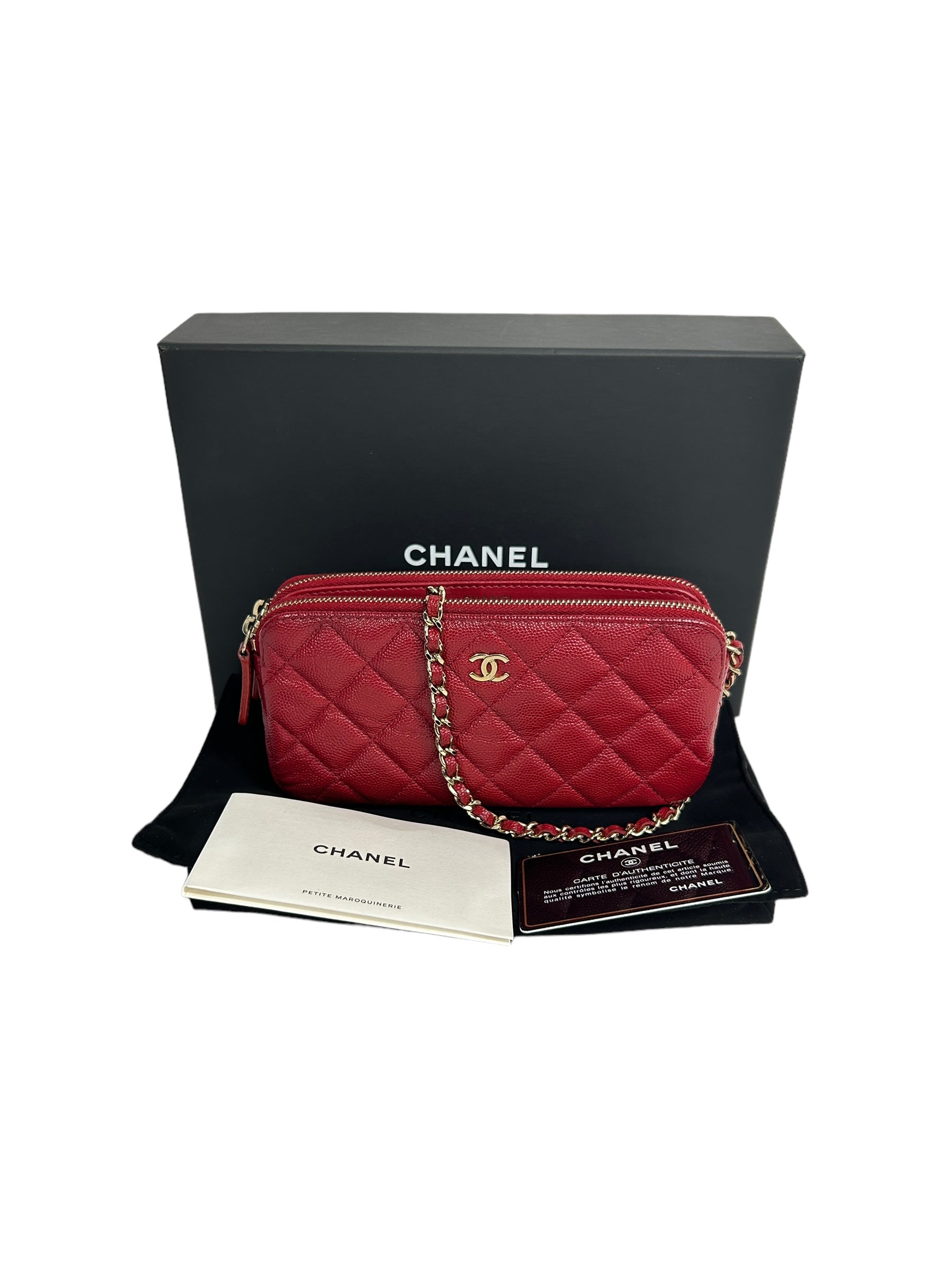Red Caviar Quilted Double Zip Wallet On Chain w/GHW,