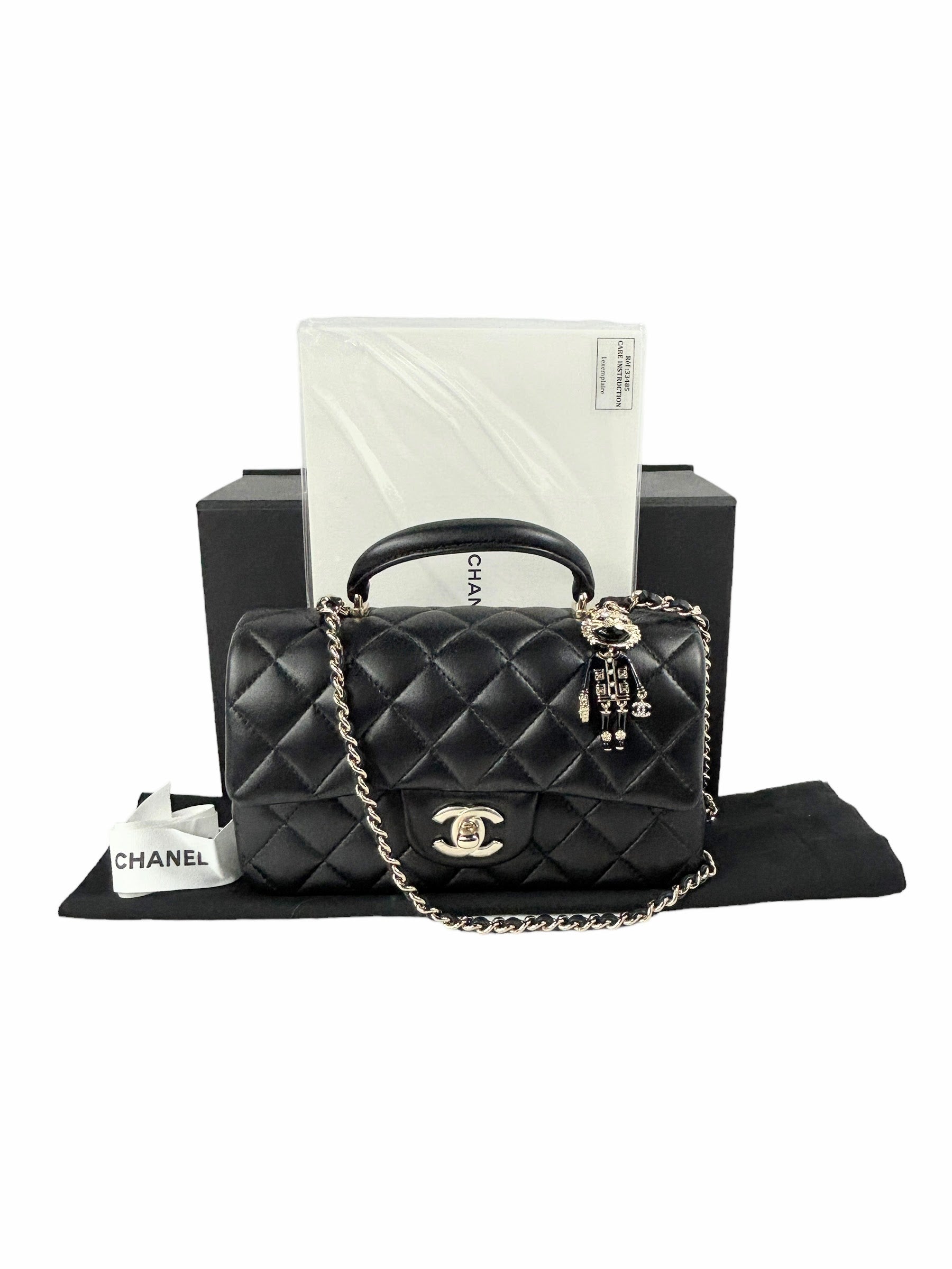 Black Quilted Lambskin Top Handle Mini Classic Rectangle W/LGHW W/Leo Chanel Charm