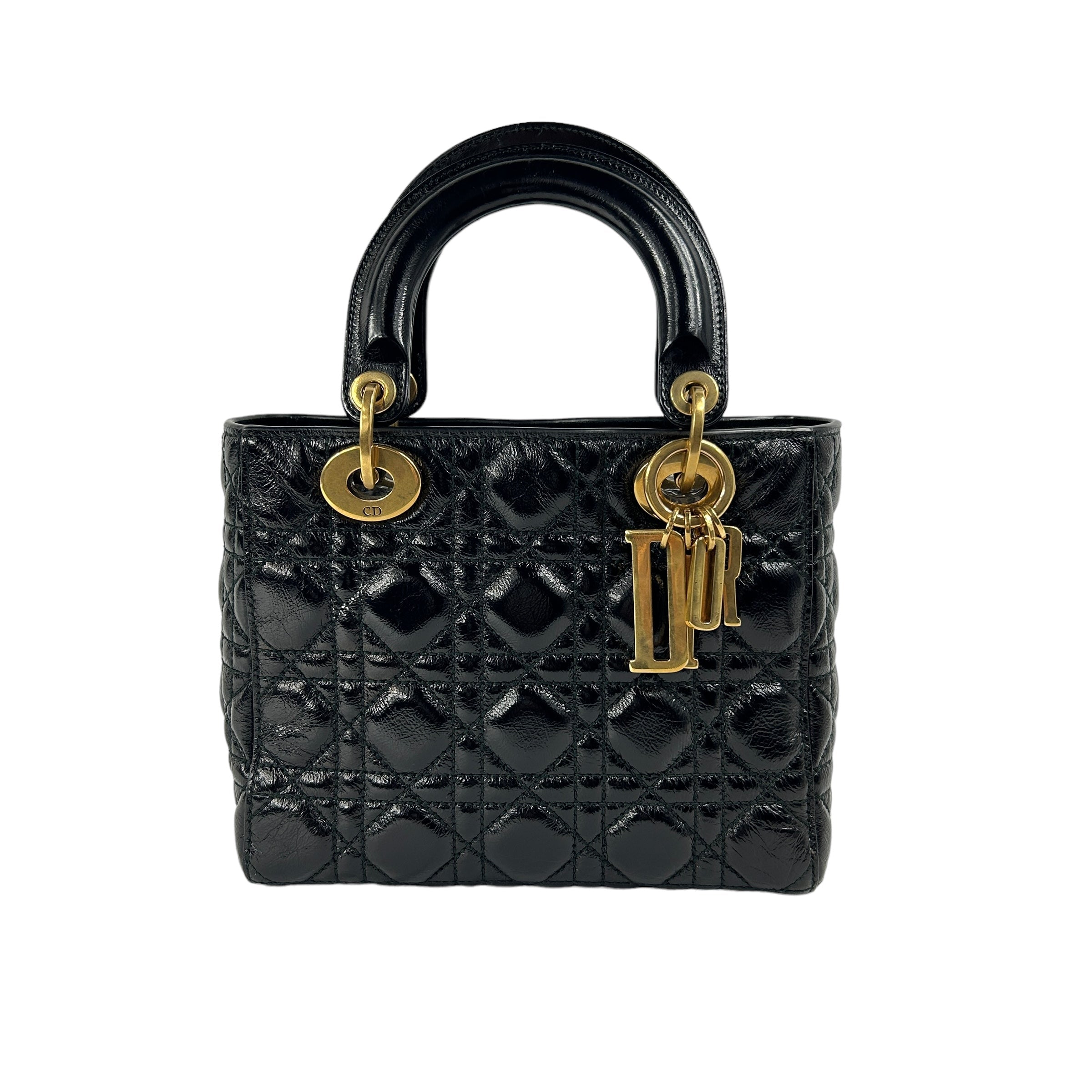 Black aged Glazed Calfskin Small Lady Dior w/AGHW