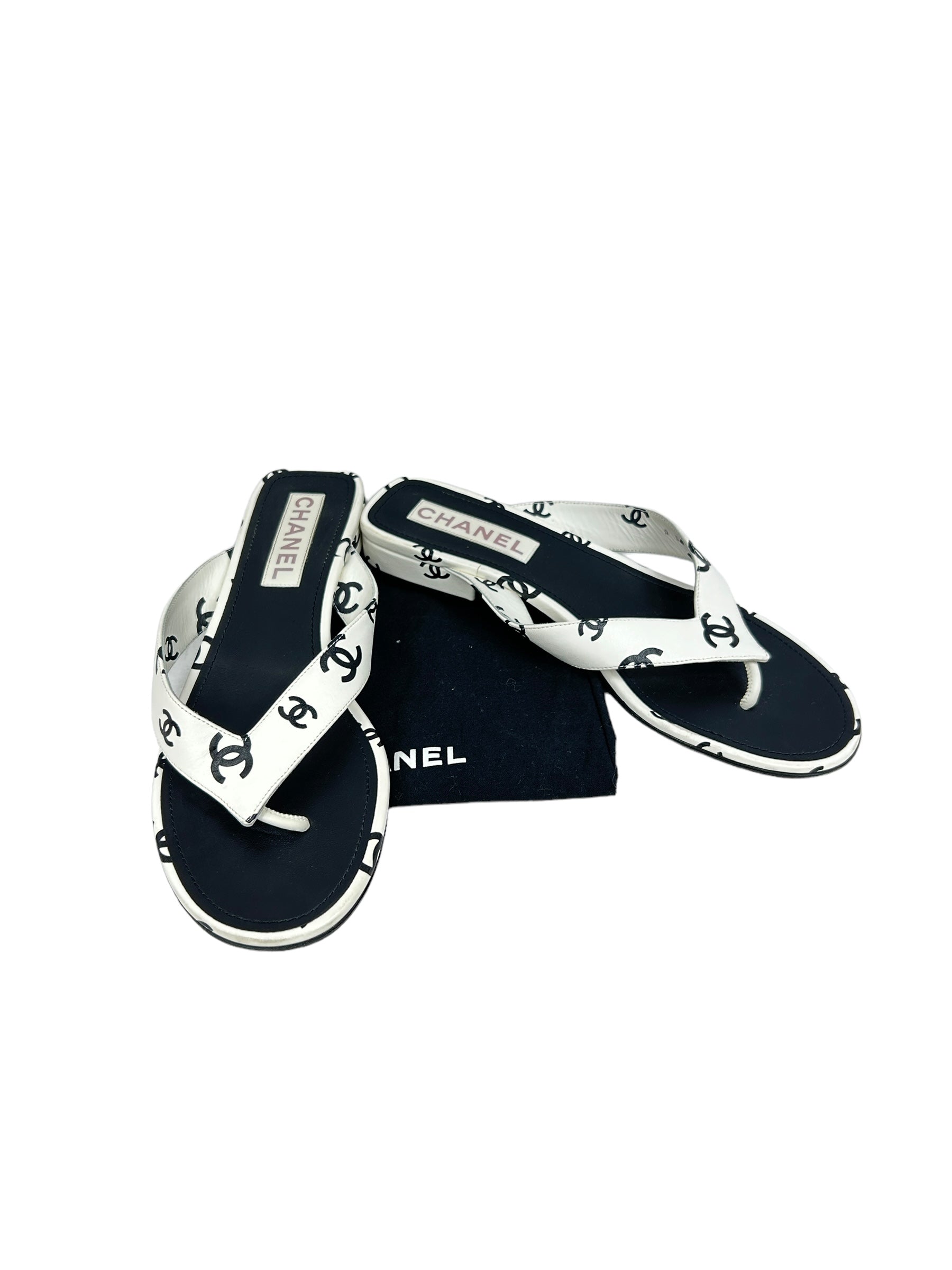 CC White Black Leather Logo Sandals