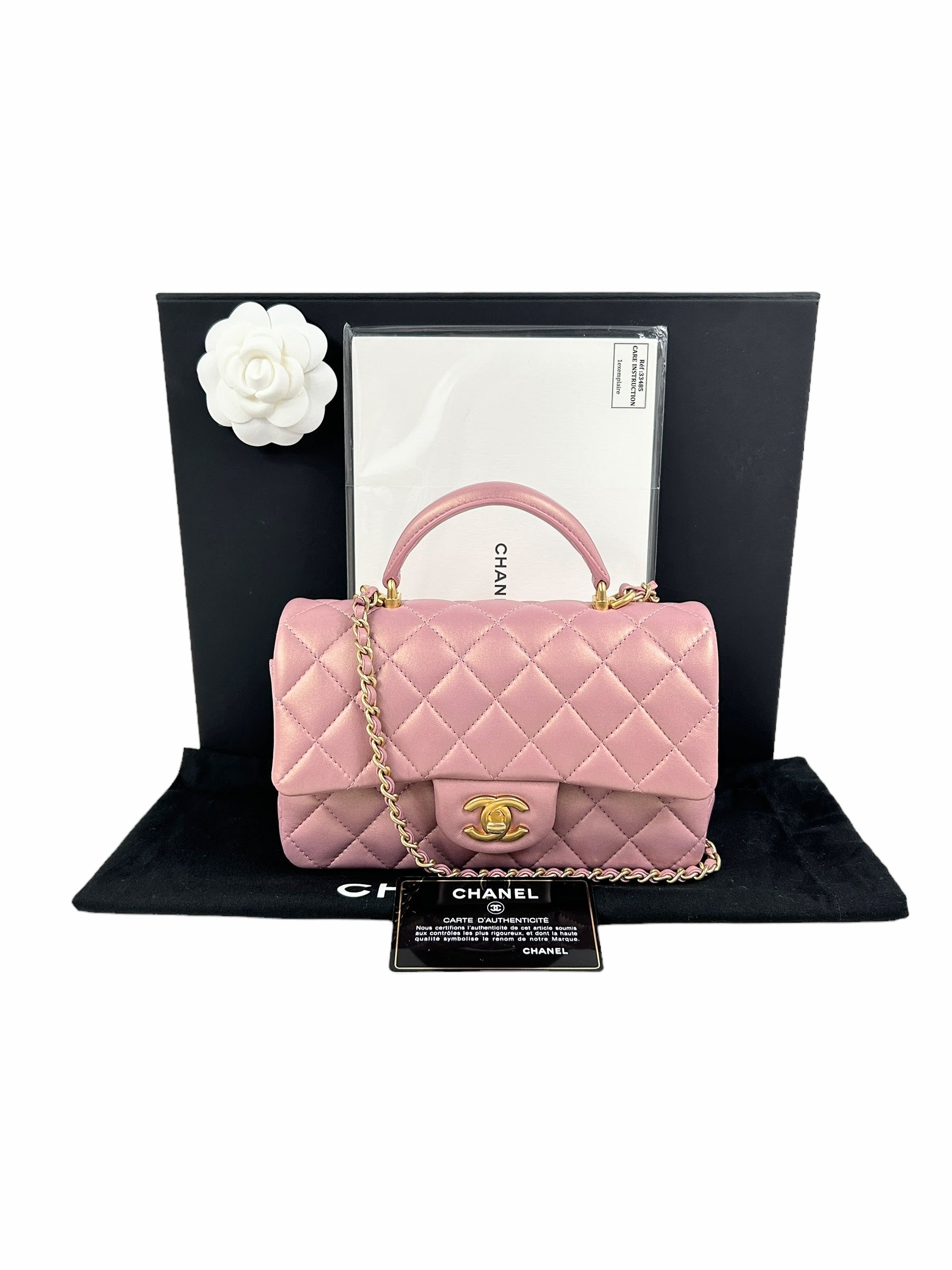 Pink Iridescent Lambskin Leather Quilted Mini Rectangle Top Handle Flap Bag w/AGHW