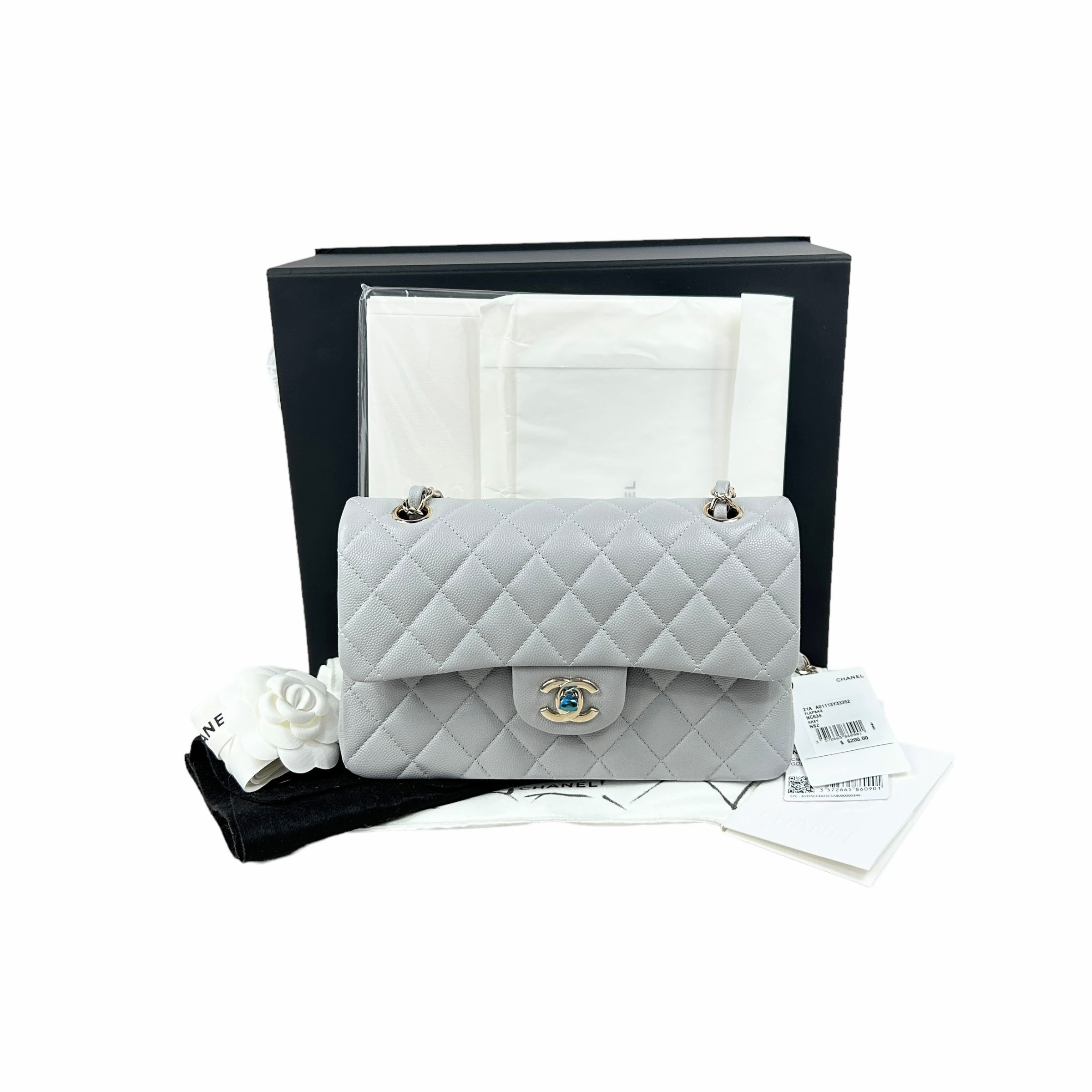 Light Grey Quilted Caviar Small Double Flap Classic W/LGHW-ON LAYAWAY